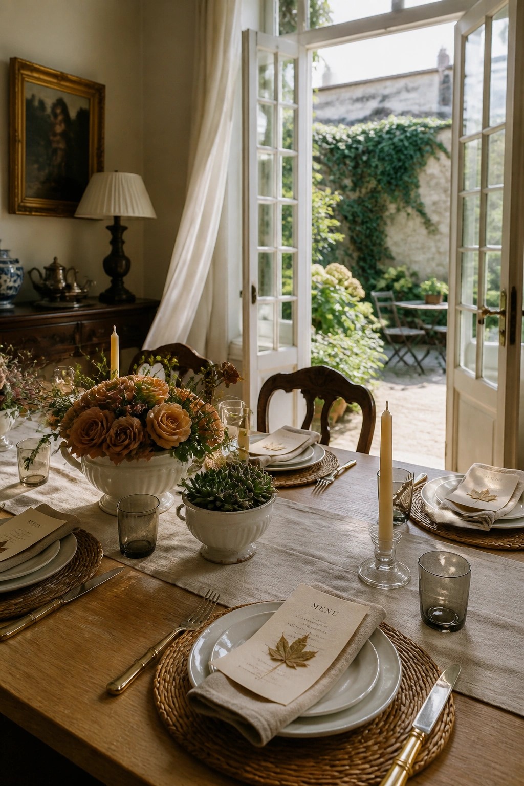 A long wooden dining table set for a meal with woven placemats, white plates, peach rose arrangements, succulents in a bowl, tall candles, and printed menus, next to open French doors.