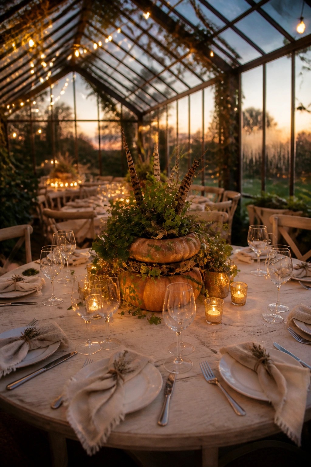 A round wooden dining table set with plates, glassware, and napkins, featuring a tall centerpiece of stacked pumpkins mixed with greenery and feathers inside a glass conservatory.