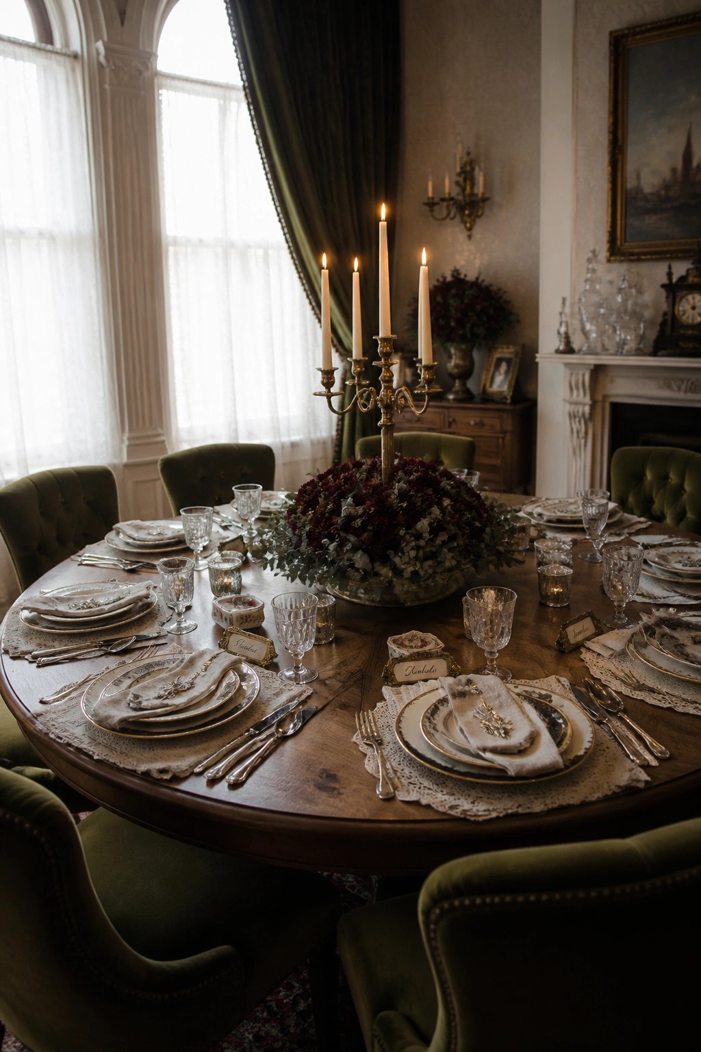 A round wooden dining table set with green velvet chairs, white plates, napkins, and a central brass candelabra holding lit candles above a large burgundy floral arrangement.