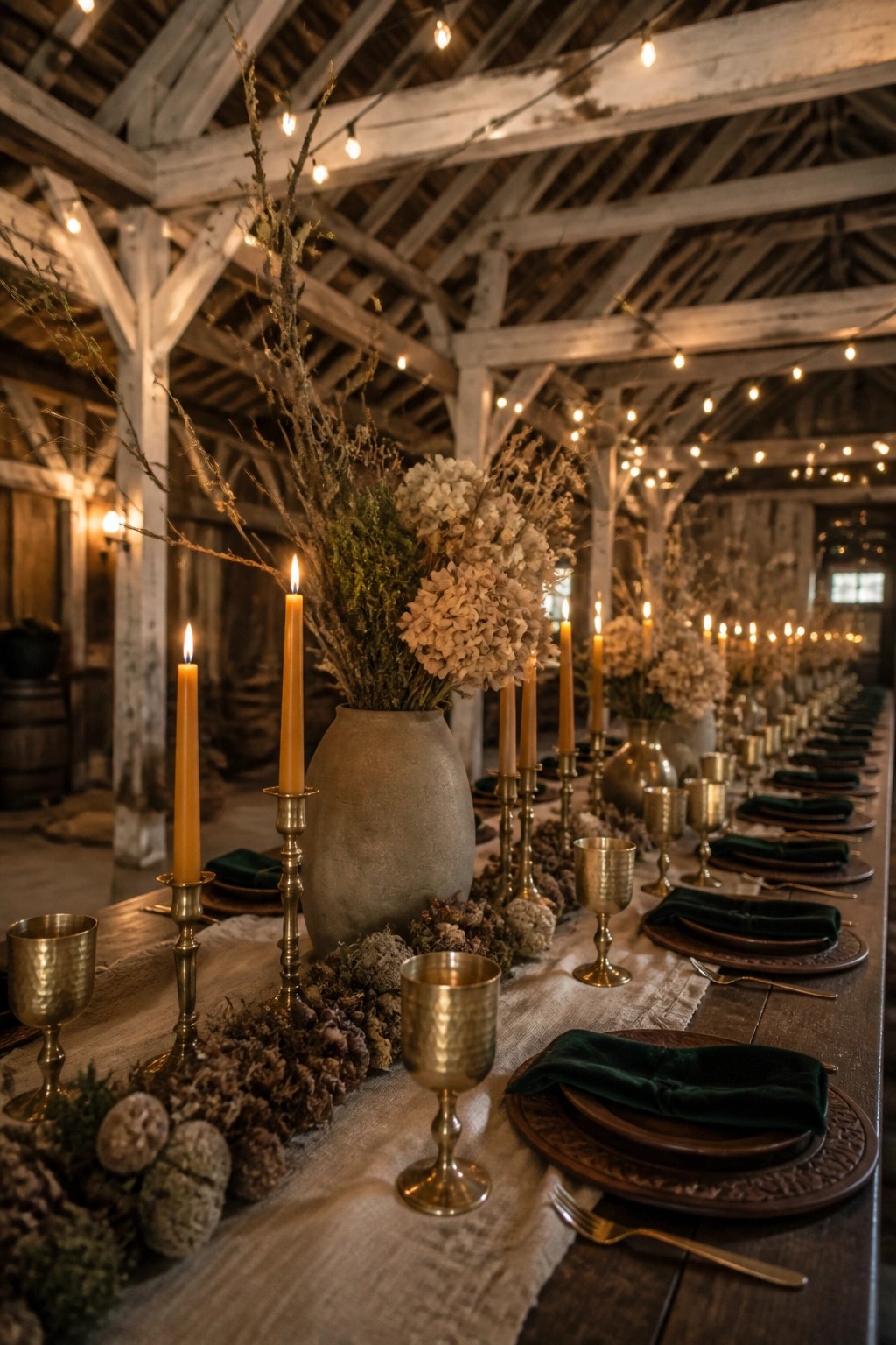 A long wooden reception table decorated with tall golden taper candles, dried flower arrangements in gray vases, green velvet napkins, and hammered brass goblets inside a rustic barn.