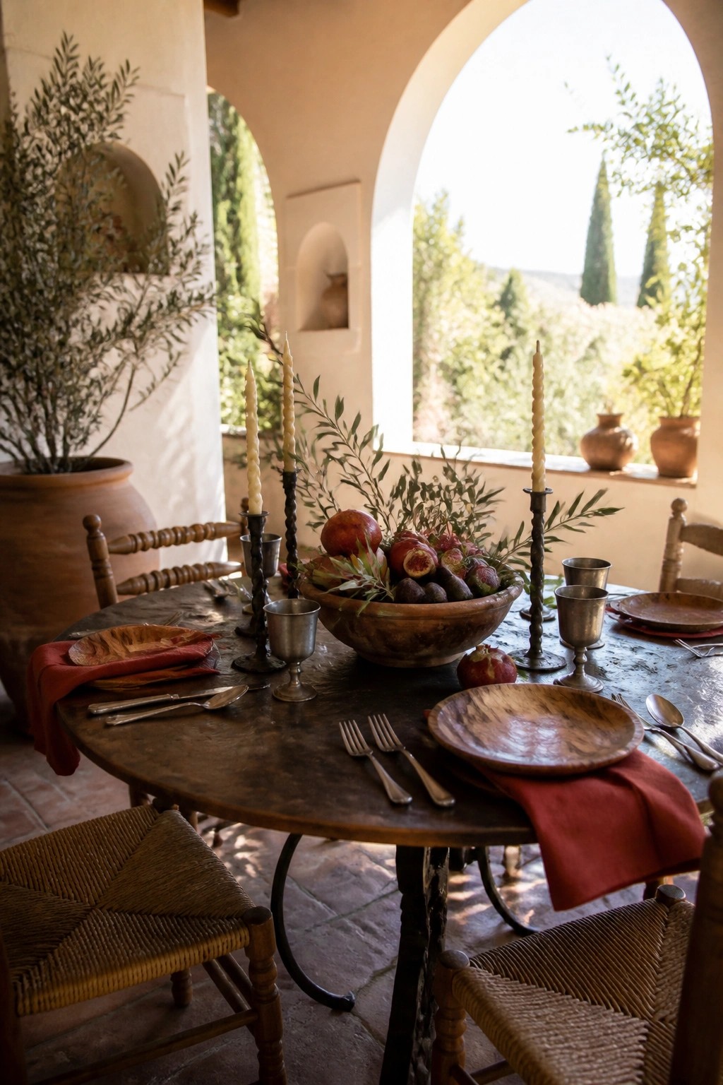 A round wooden table set for dining with a large wooden bowl of pomegranates and figs at the center, flanked by twisted candles in dark holders, wooden plates, red napkins, and woven chairs.