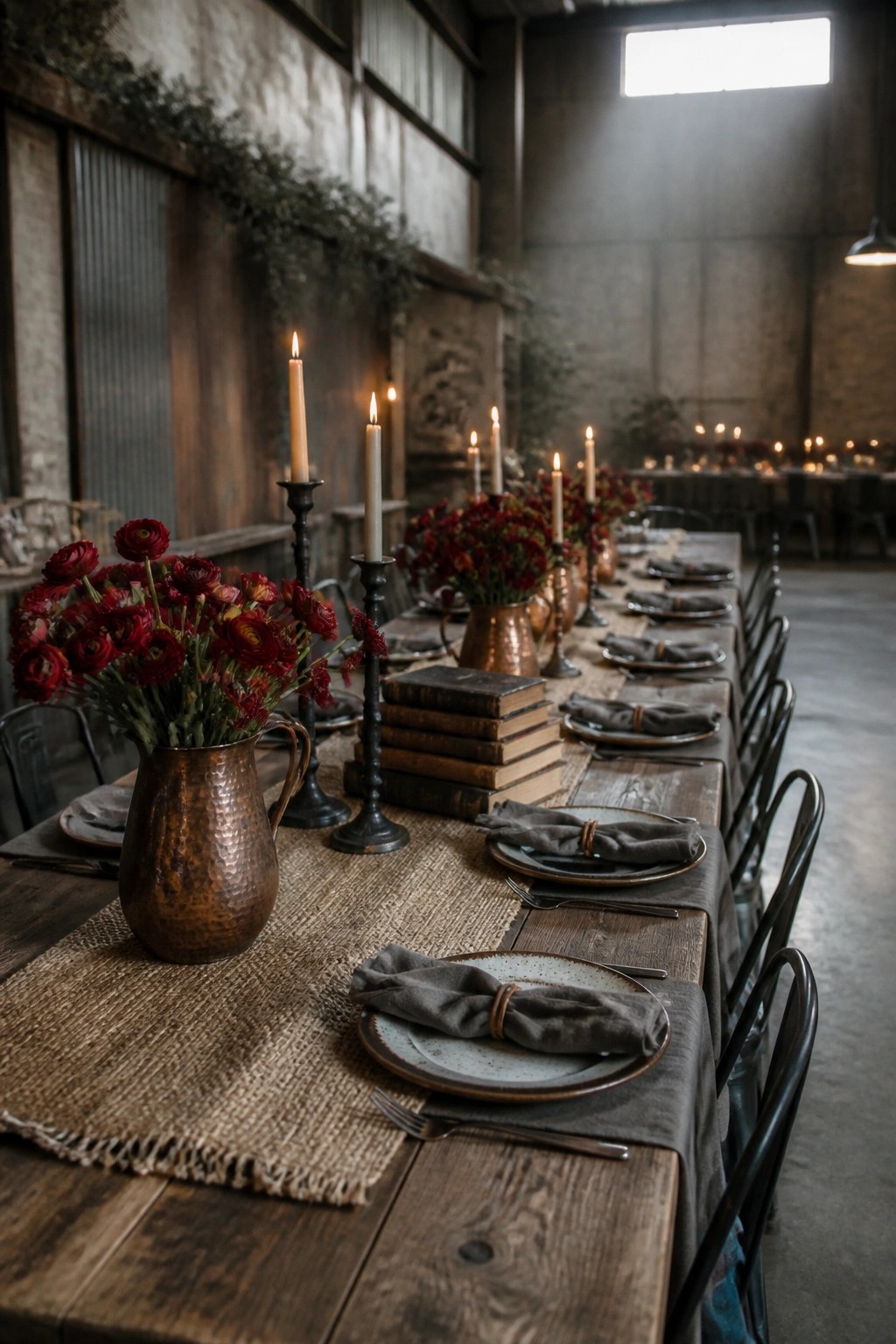 A long rustic wooden table set with gray plates, folded napkins, copper vases of red flowers, black candlesticks, and stacked old books as centerpieces.