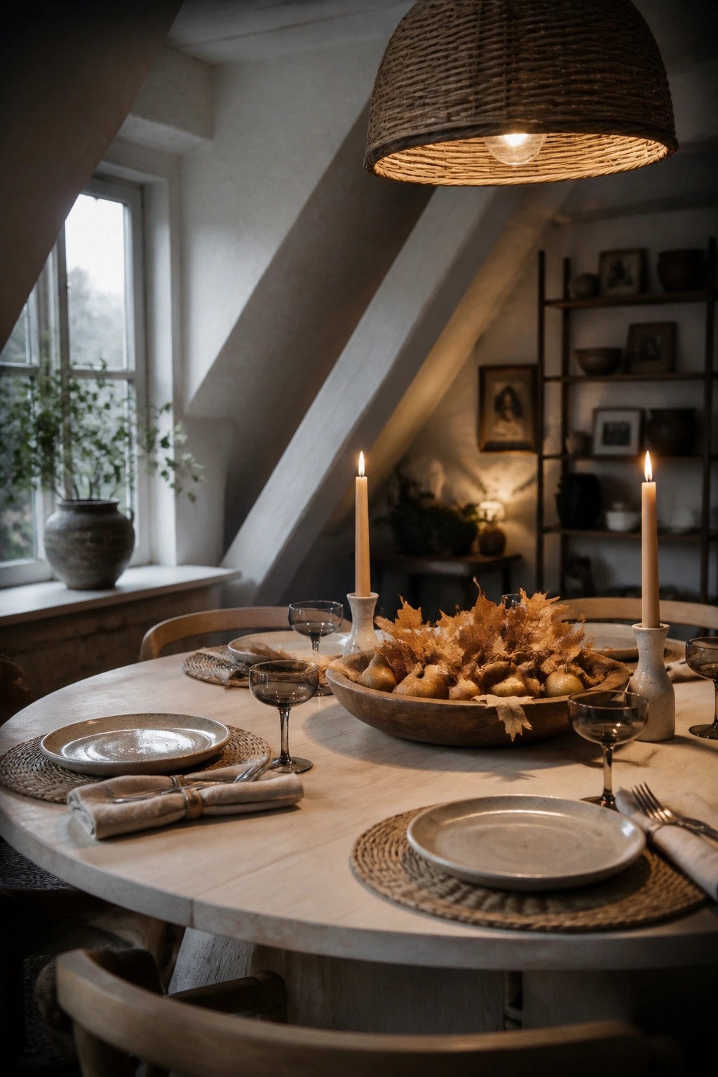 A round wooden dining table set with plates, wine glasses, lit taper candles, and a large bowl of pears surrounded by dried autumn leaves.