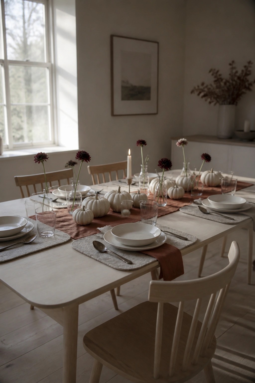 A long wooden dining table set for a meal with small white pumpkins spaced along a terracotta runner, dark flowers in glass vases, white plates, and wooden chairs in a bright room.