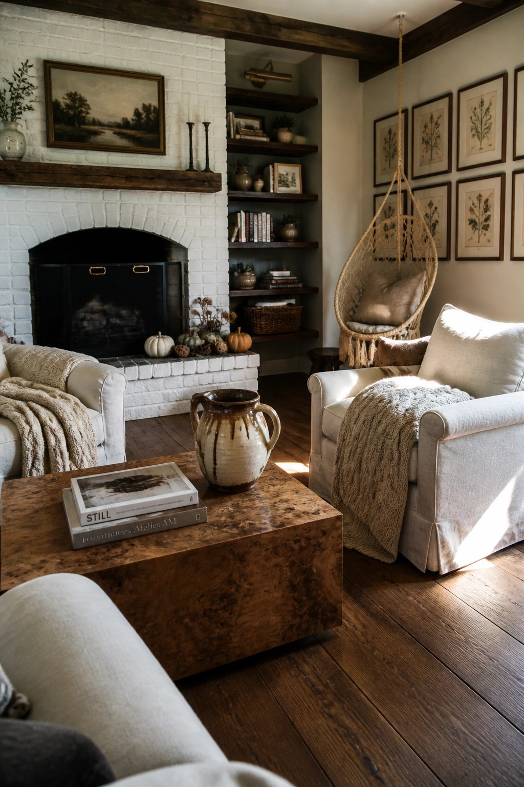 A living room with a large burl wood coffee table, white brick fireplace, built-in shelves, hanging chair, and armchairs with knitted throws.
