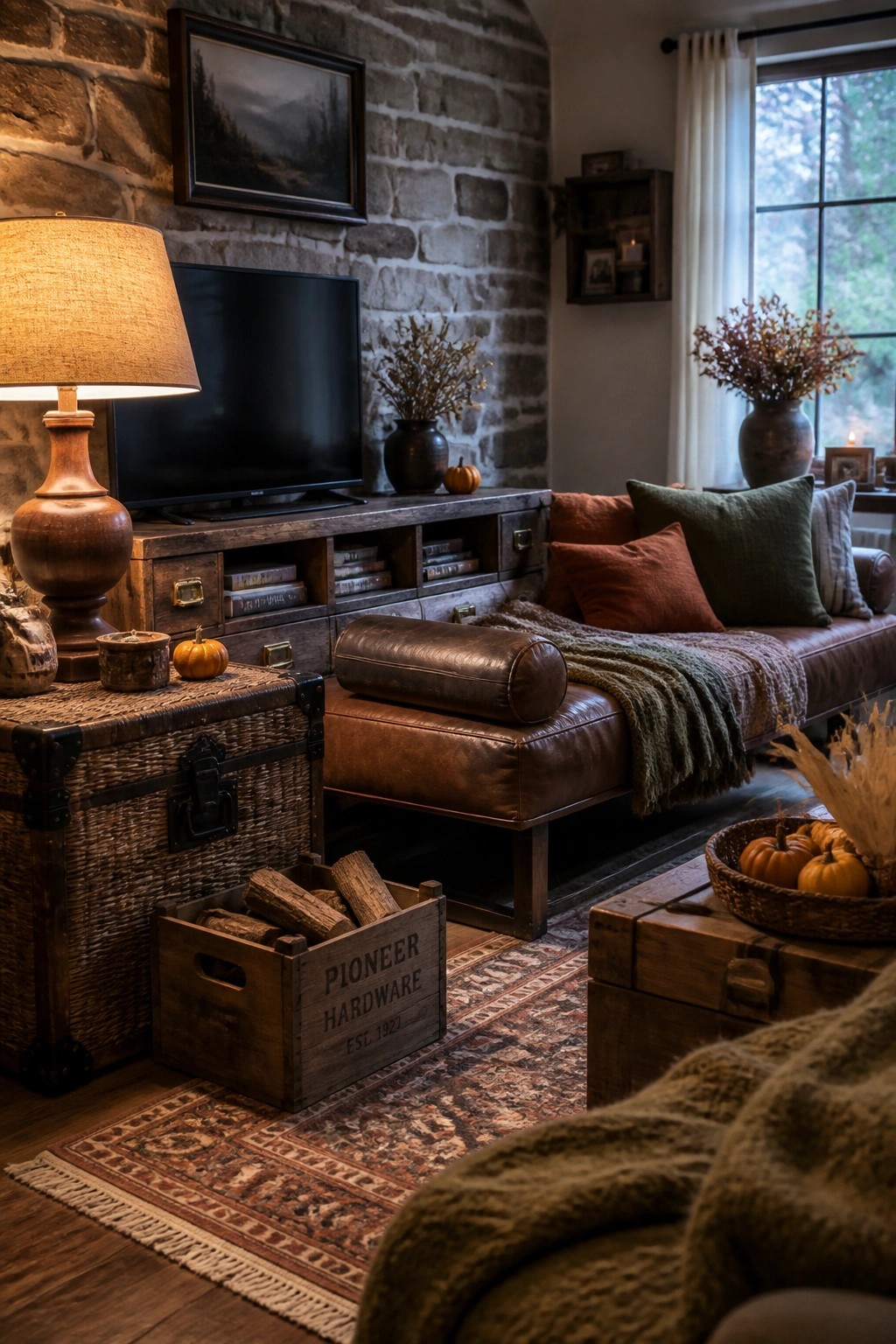 A rustic living room featuring a stone wall, leather sofa and ottoman, wooden TV console, large trunk, and a wooden crate labeled Pioneer Hardware holding logs, with pumpkins and warm textiles throughout.