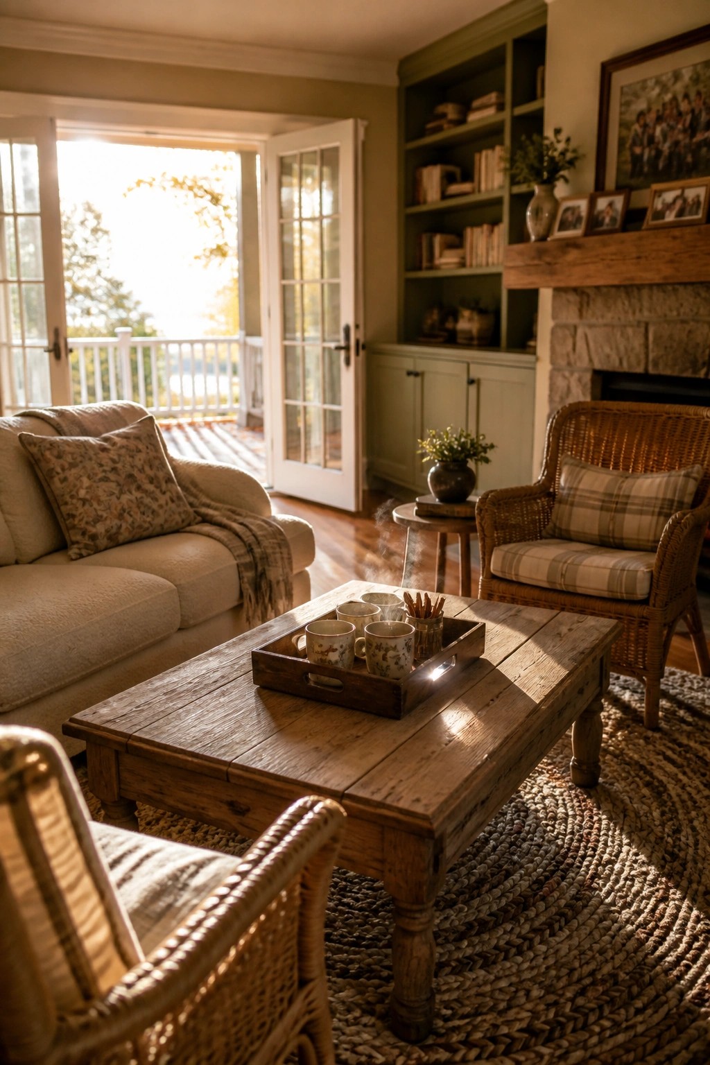 Cozy living room with wooden coffee table, wicker chairs, and sunlit open doors