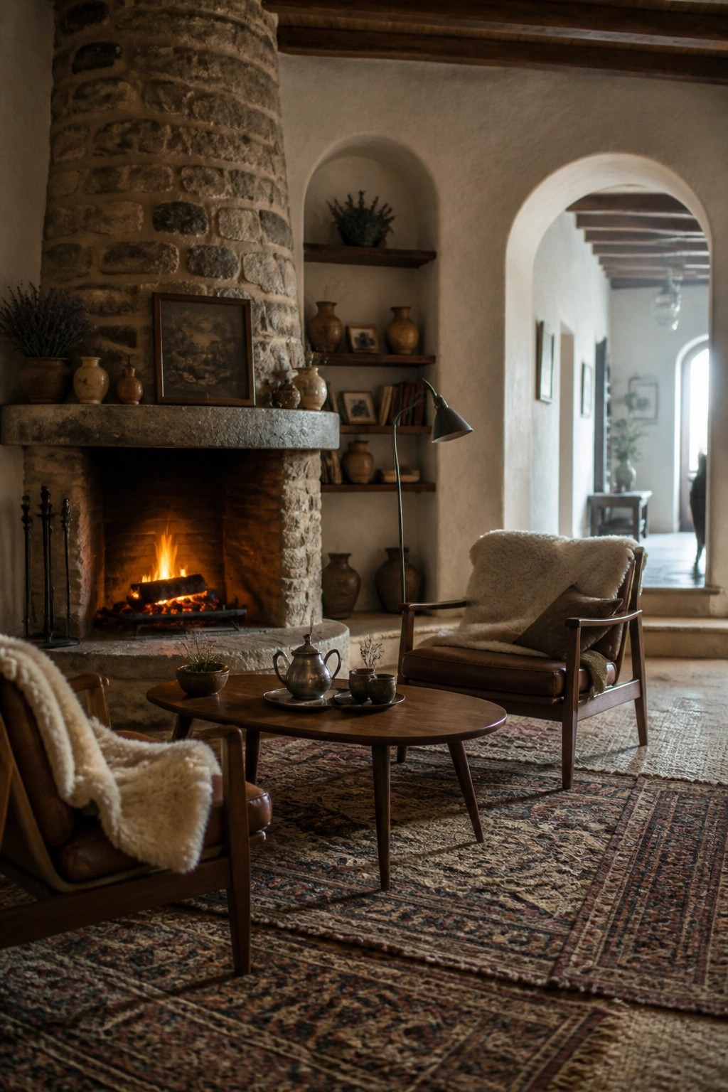 A rustic living room featuring a large stone fireplace, leather armchairs with sheepskin throws, a round wooden coffee table, and layered patterned rugs on a wooden floor.