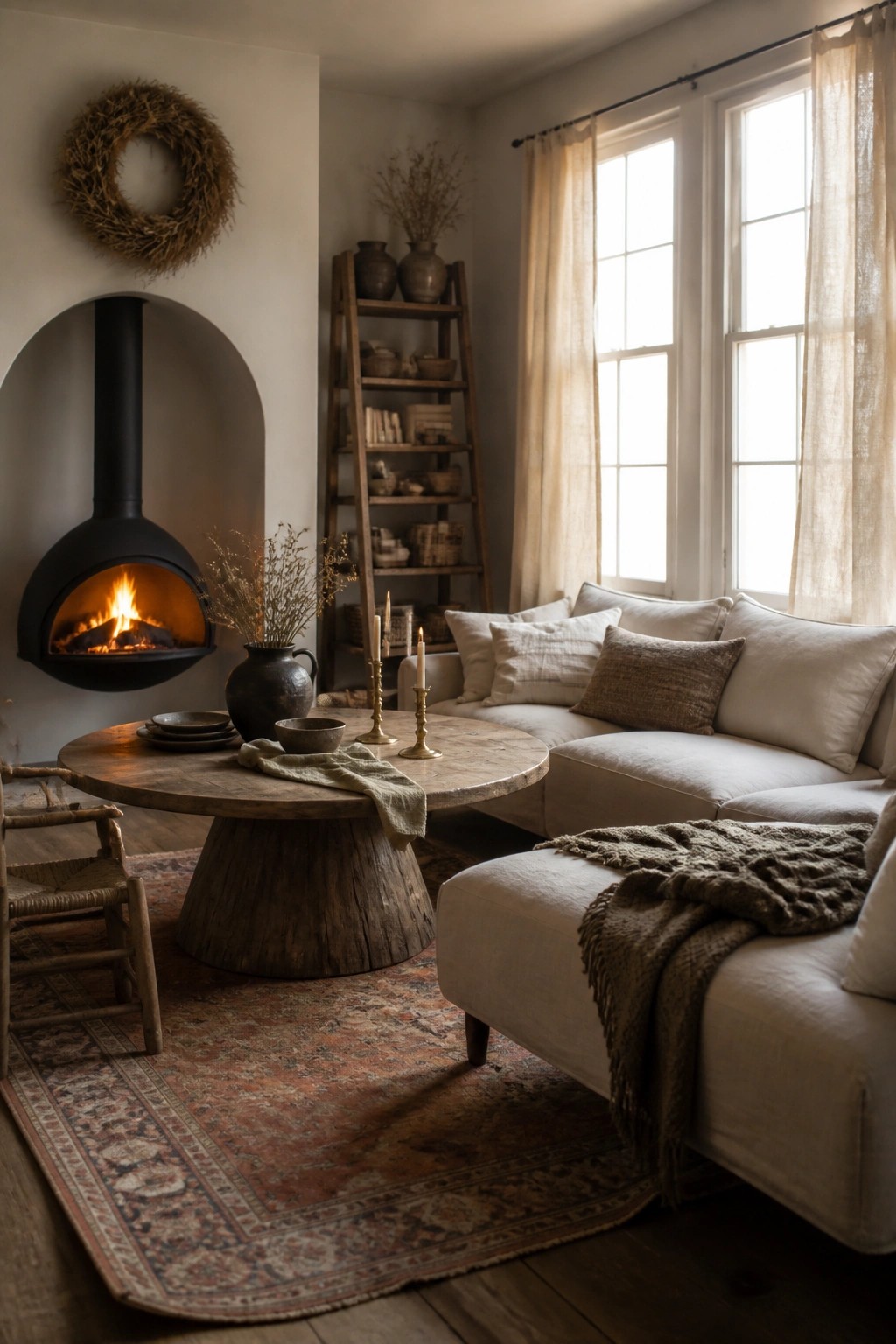 A living room with a black fireplace, round wooden coffee table on a patterned rug, beige sectional sofa, and wooden ladder shelf.
