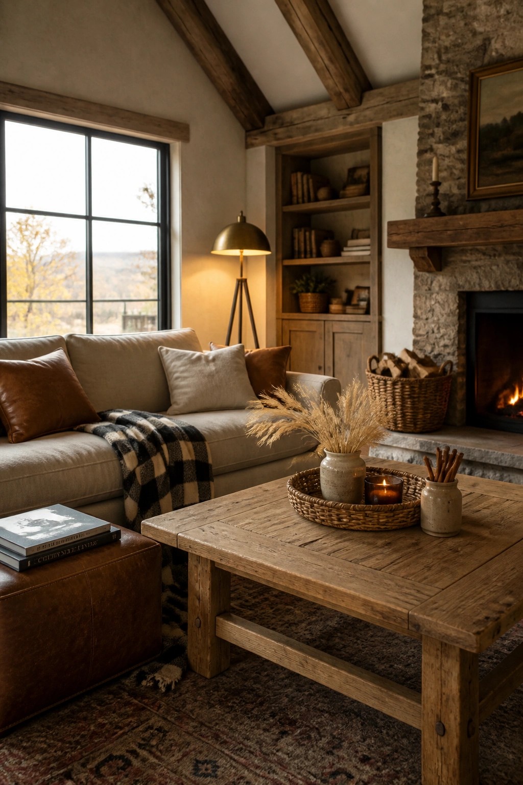 A living room with a large wooden coffee table holding a woven basket and lit candle, a beige sofa with a checkered throw and pillows, a leather ottoman with stacked books, and a stone fireplace in the background.
