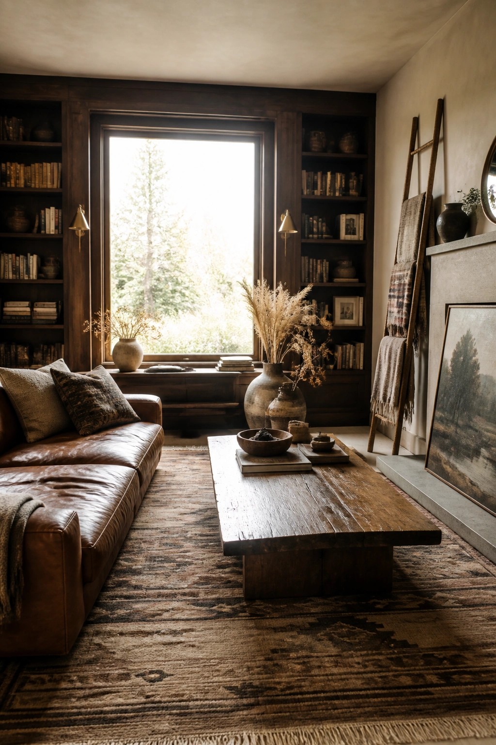 A rustic living room featuring a brown leather sofa, wooden coffee table on a patterned rug, built-in bookshelves flanking a large window, and dried plants in clay vases.