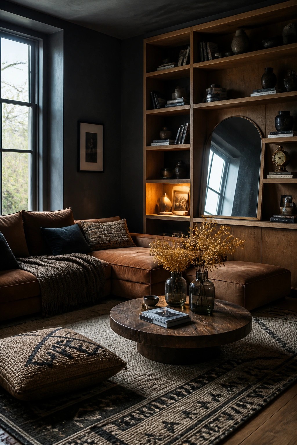 A living room with a brown sectional sofa, round wooden coffee table on a patterned rug, and large built-in wooden shelves featuring an arched mirror on a dark wall.