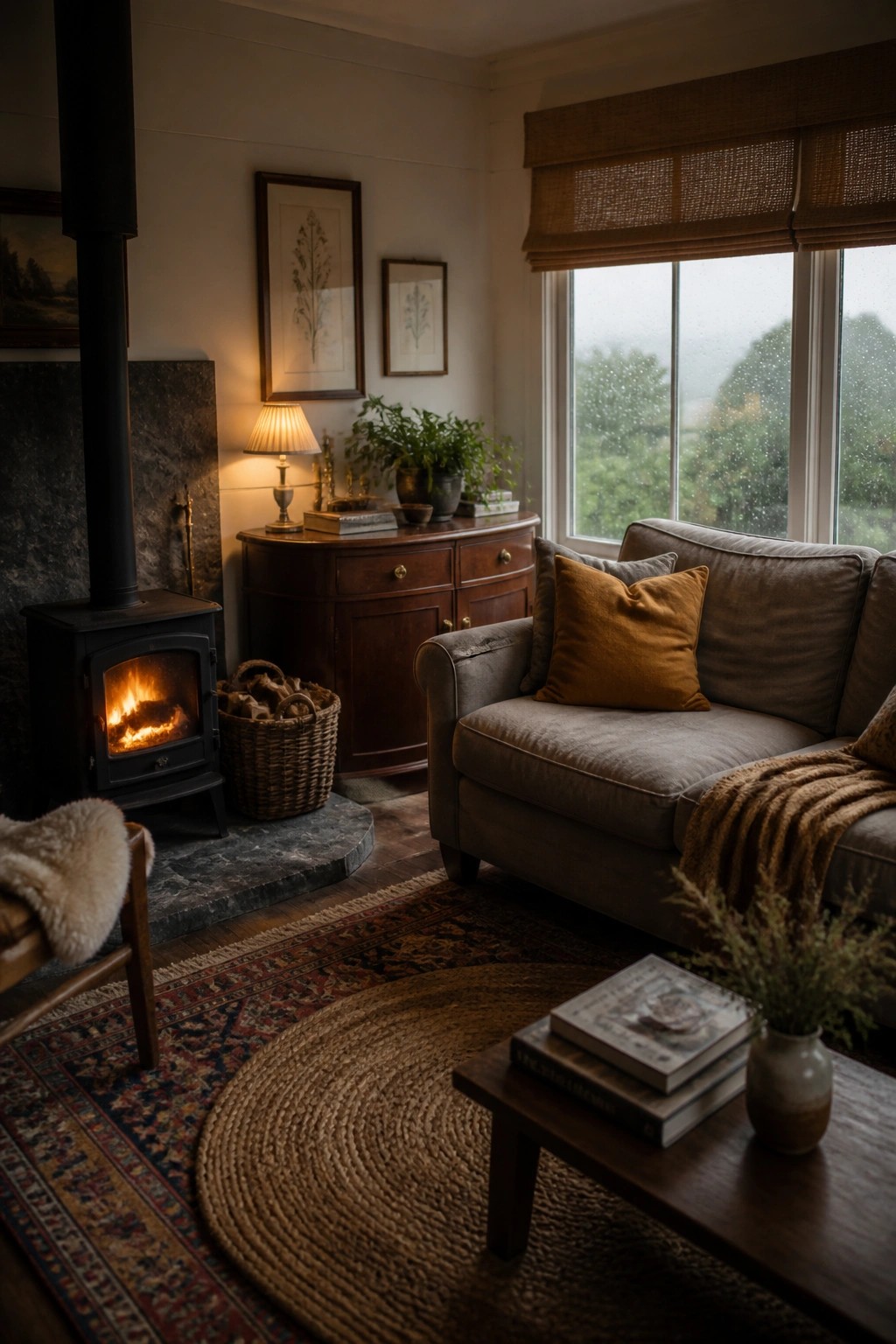 A rustic living room with a wood stove, gray sofa with pillows and throw, round woven rug, and wooden coffee table.