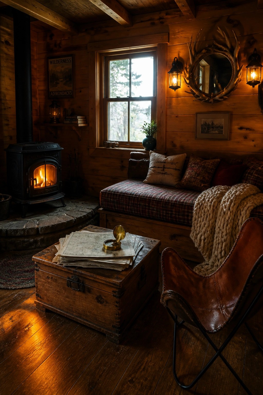 A rustic wooden cabin interior with a black cast iron stove, a wooden trunk used as a coffee table holding maps and a compass, a plaid-covered daybed with pillows and a chunky knit blanket, and a brown leather chair.