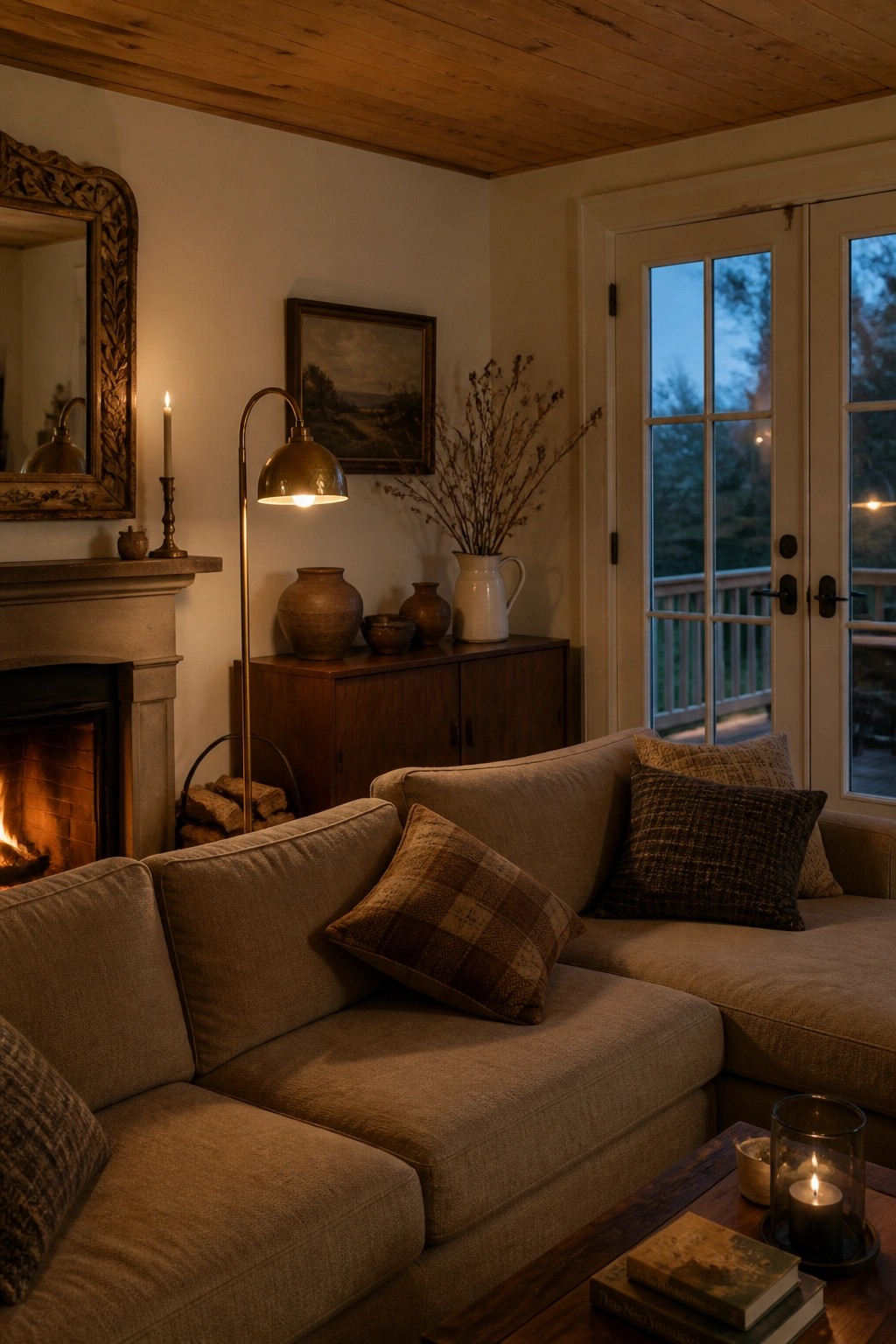 A living room with a beige sectional sofa, plaid pillows, a wooden sideboard, a lit floor lamp, a stone fireplace, and a wooden ceiling.