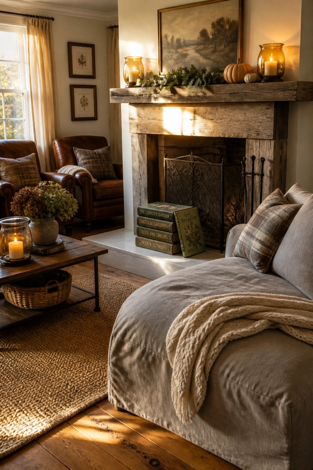 A rustic living room with a large wooden fireplace mantel, lit candles, stacked books on the hearth, a gray sofa with plaid pillows and a knit throw, and a wooden coffee table holding a vase and candle.
