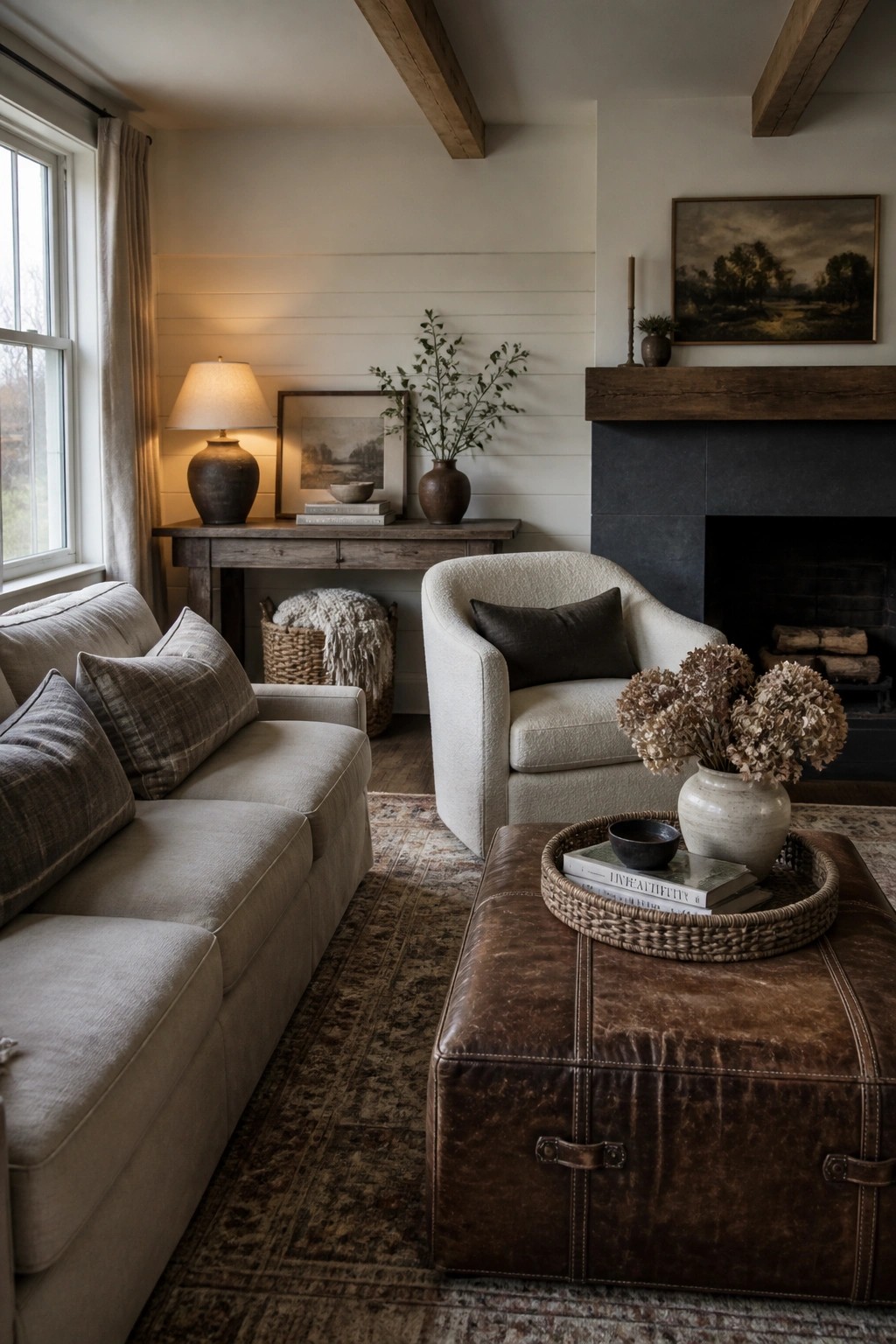 A living room featuring a beige sofa, white armchair, brown leather ottoman with a tray, wooden console table, and a stone fireplace with a wood mantel.