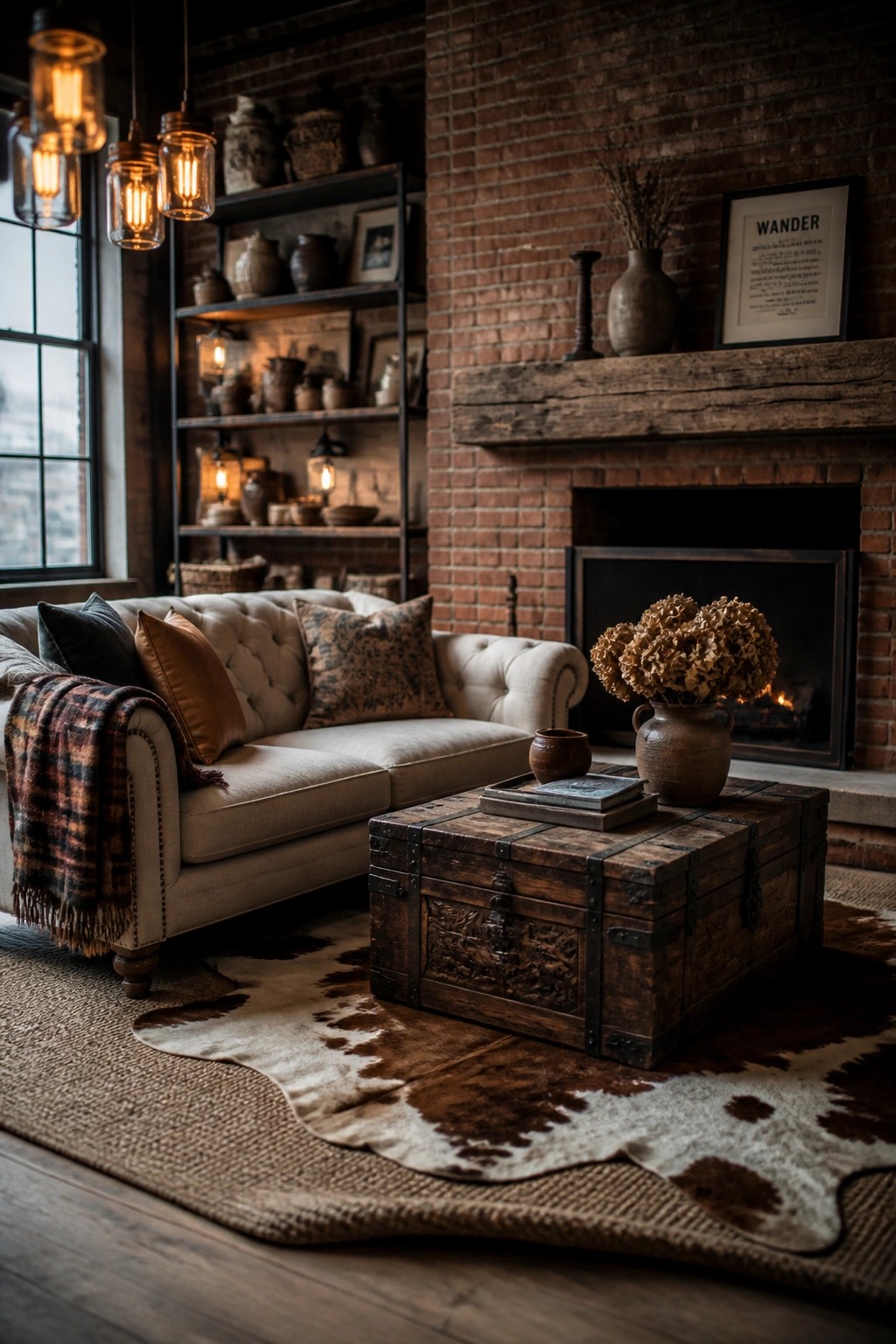 A rustic living room featuring a beige tufted sofa with pillows and a plaid throw, a large wooden trunk used as a coffee table, a brick fireplace with a wooden mantel, and a cowhide rug layered over jute.