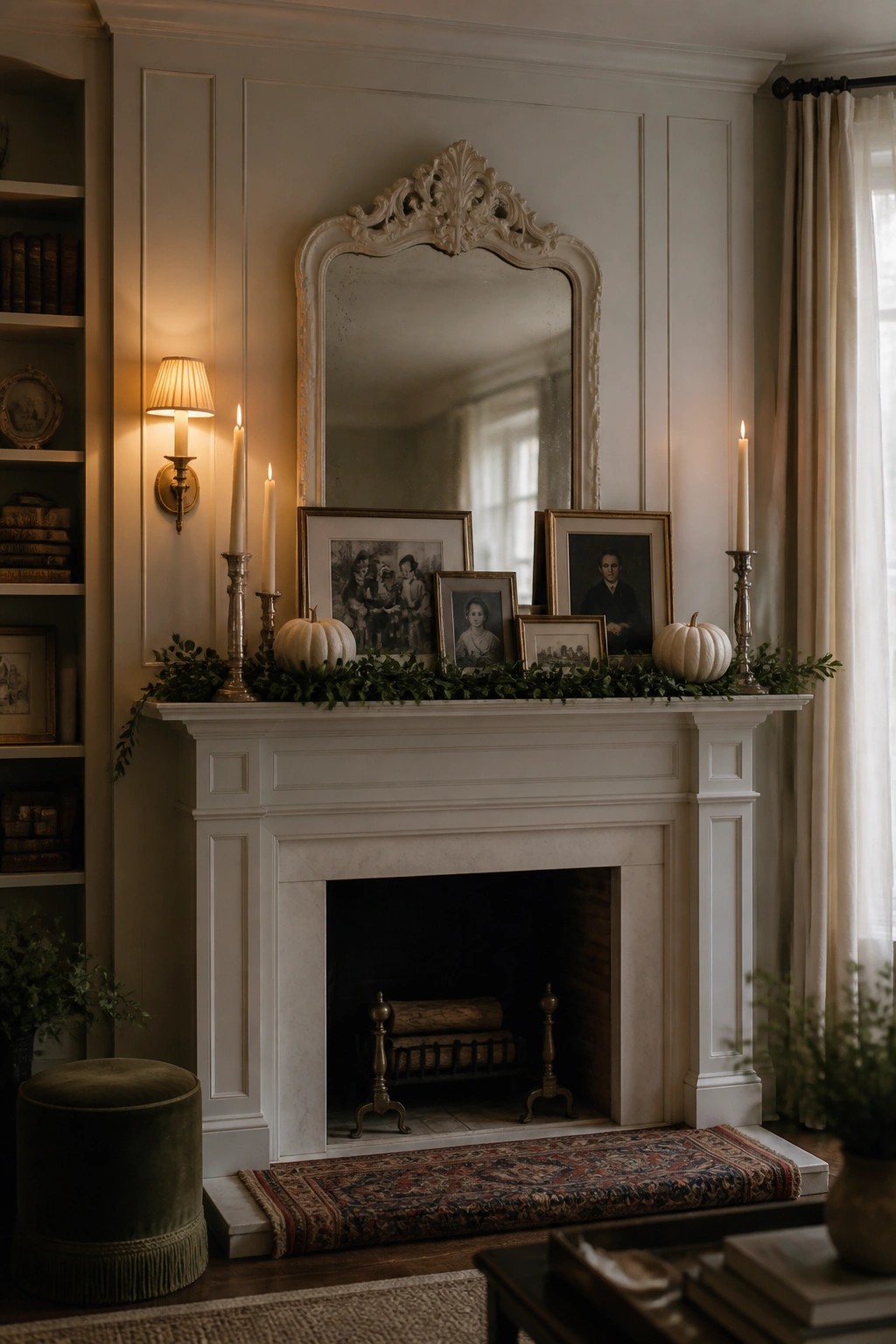 Elegant white fireplace mantel with pumpkins, garland, candles, photos and ornate mirror