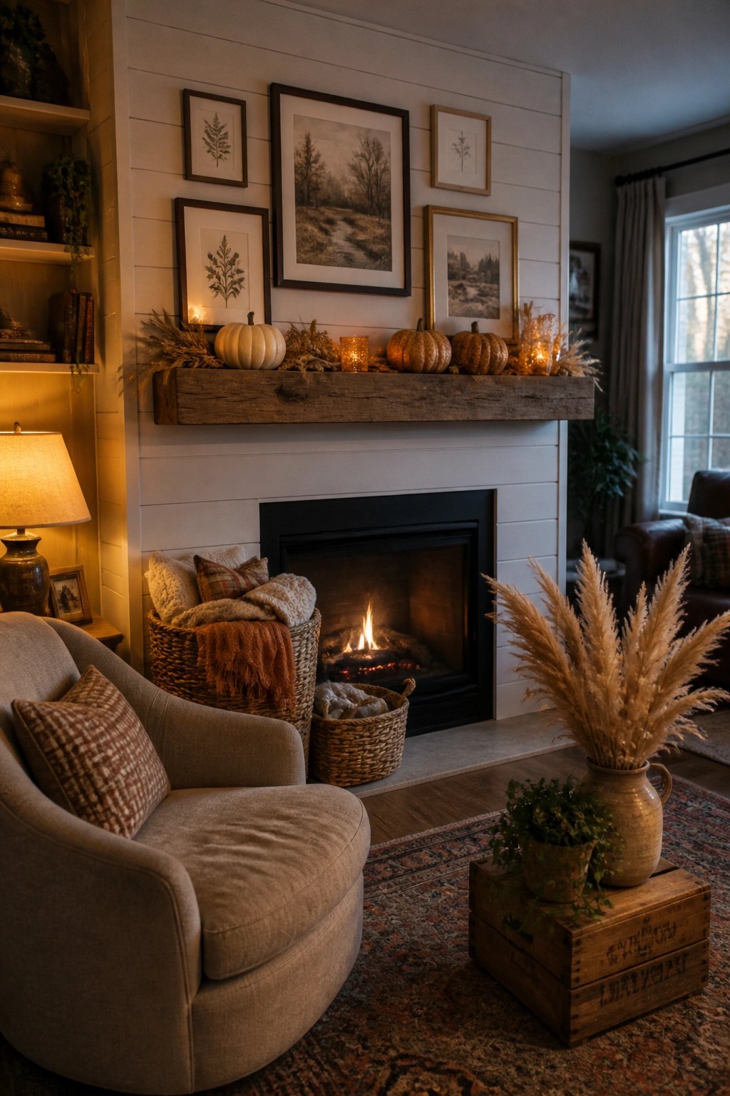 A living room fireplace features a wooden mantel lined with white and orange pumpkins, candles, and dried grasses beneath framed artwork, with a fire burning in the black firebox.