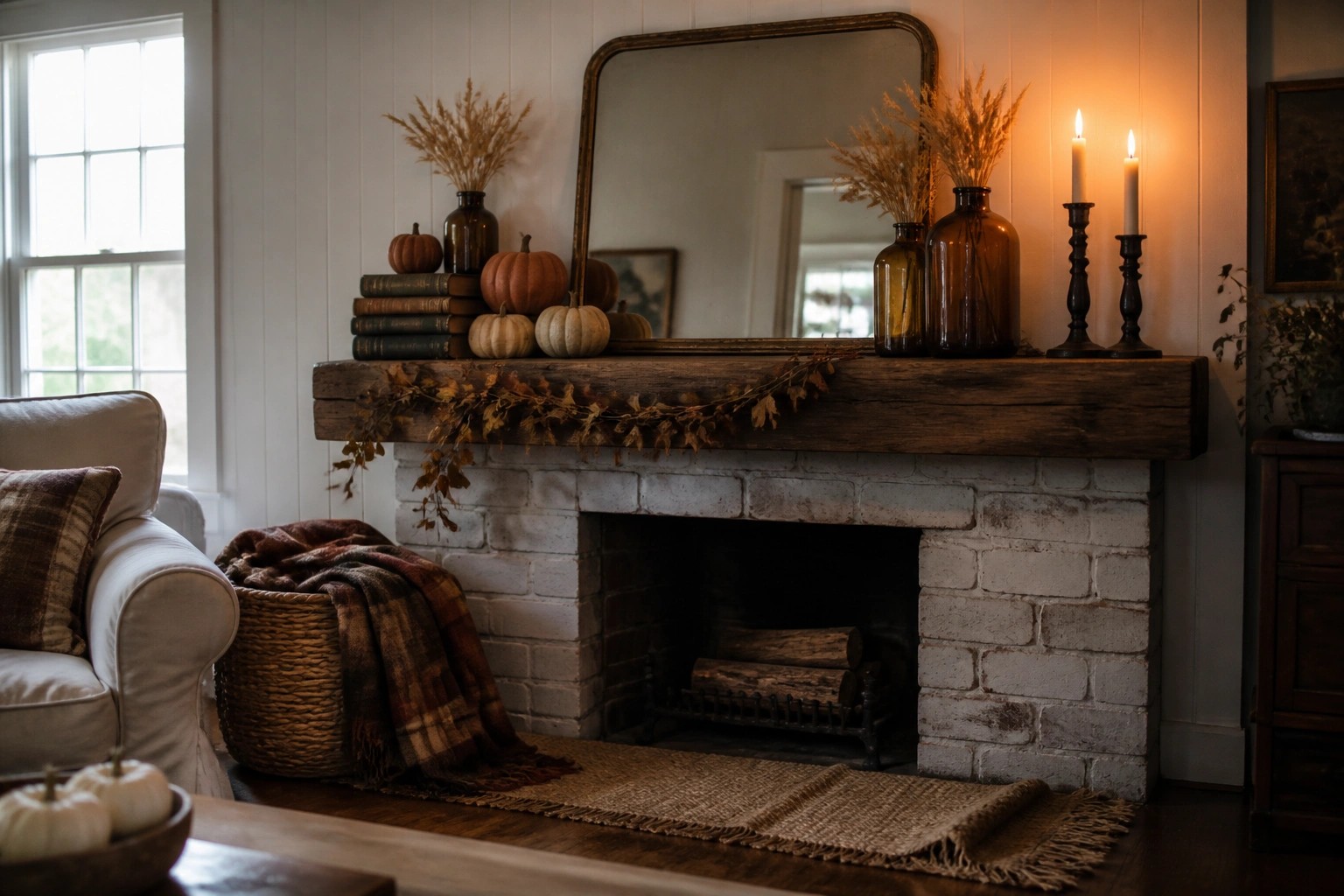 A white brick fireplace with a rustic wood mantel holding stacked books, small pumpkins, lit candles, and dried foliage, with a basket of plaid blankets on the floor nearby.