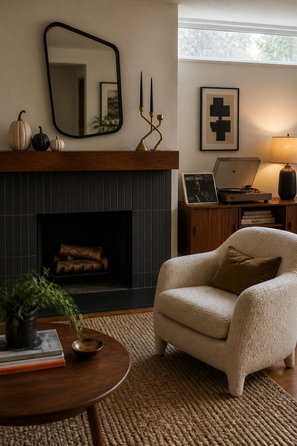 Cozy living room with dark fireplace, white bouclé armchair, and record player.