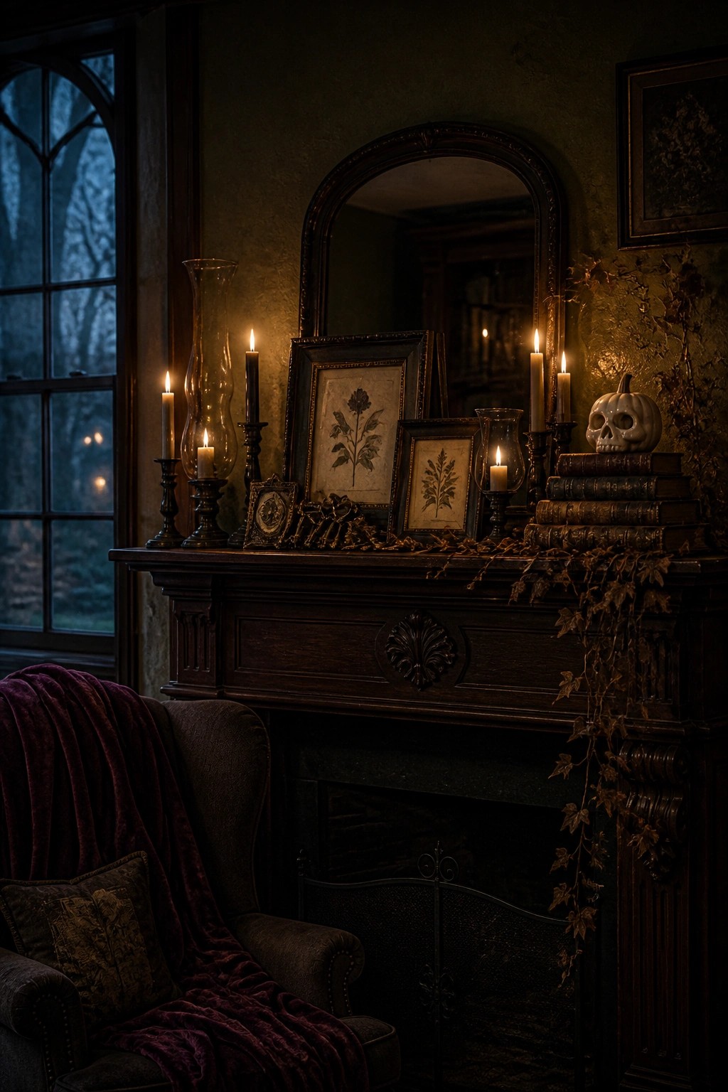 A dimly lit room with a dark wooden fireplace mantel holding framed botanical prints, lit candles, stacked old books, a white pumpkin with skull features, and dried vines hanging over the edge.