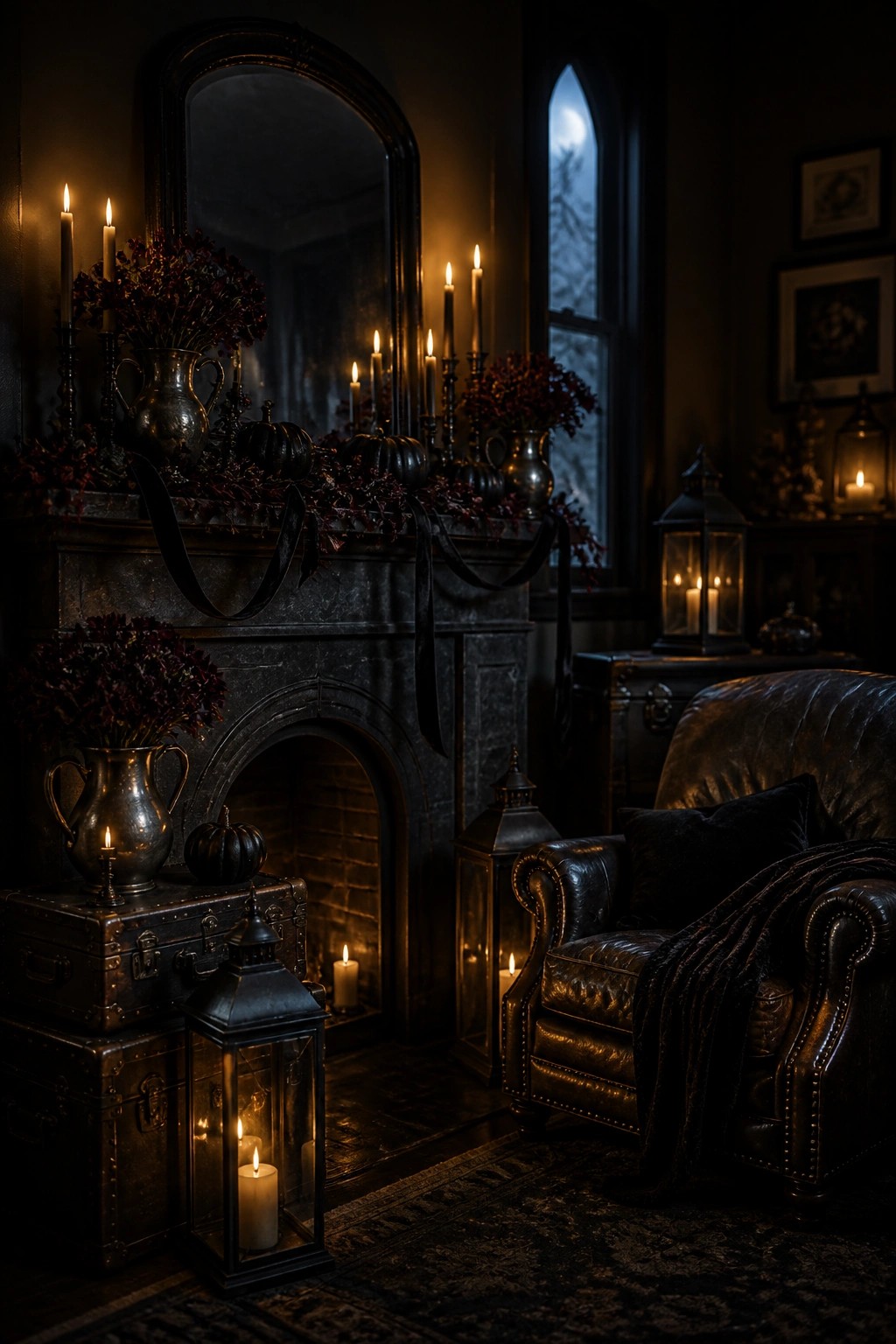 A dimly lit living room with a dark stone fireplace mantel decorated with lit candles of varying heights, dark red flowers, black pumpkins, and black ribbons.