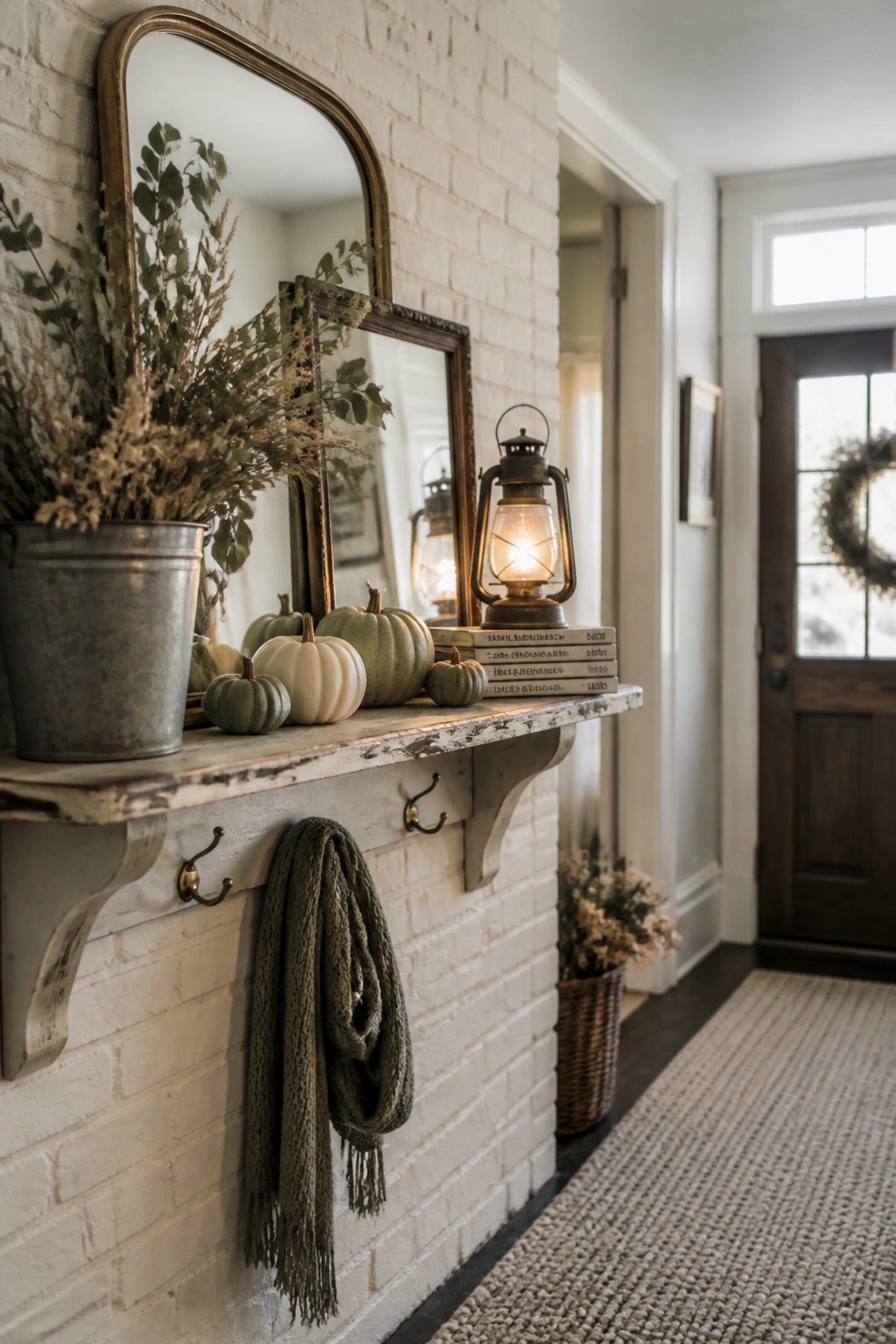 Rustic autumn mantel with pumpkins, lantern, mirror, and dried florals on brick wall