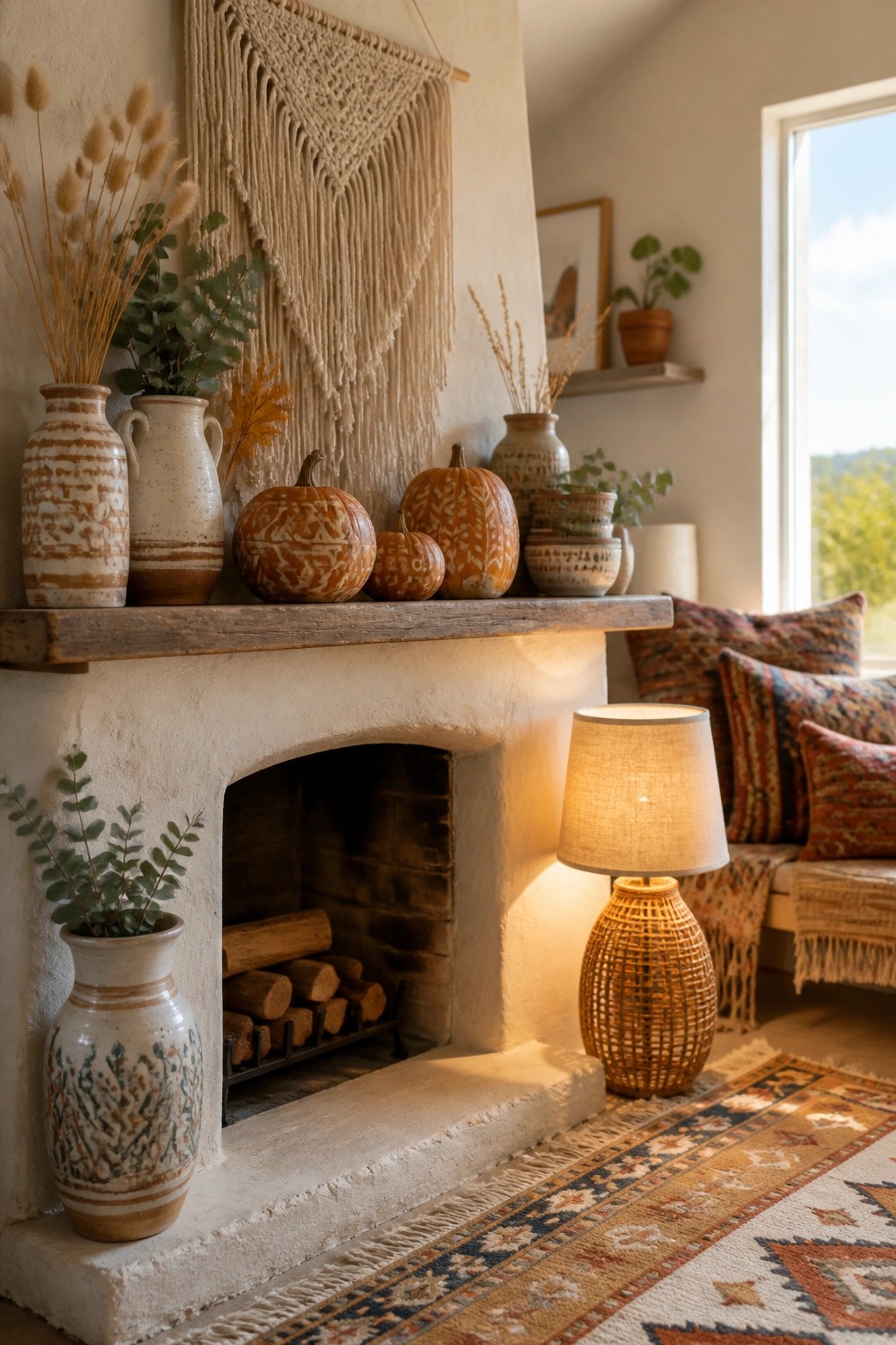 Cozy autumn fireplace with patterned pumpkins, ceramic vases, macrame, woven lamp, and colorful rug
