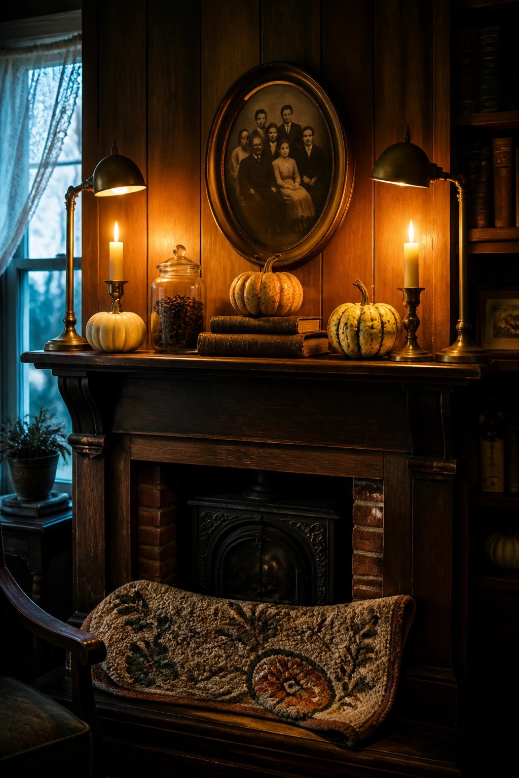 A dark wooden fireplace mantel with old books, two small pumpkins, brass candle holders, a glass jar, and a large oval family portrait centered above the opening.
