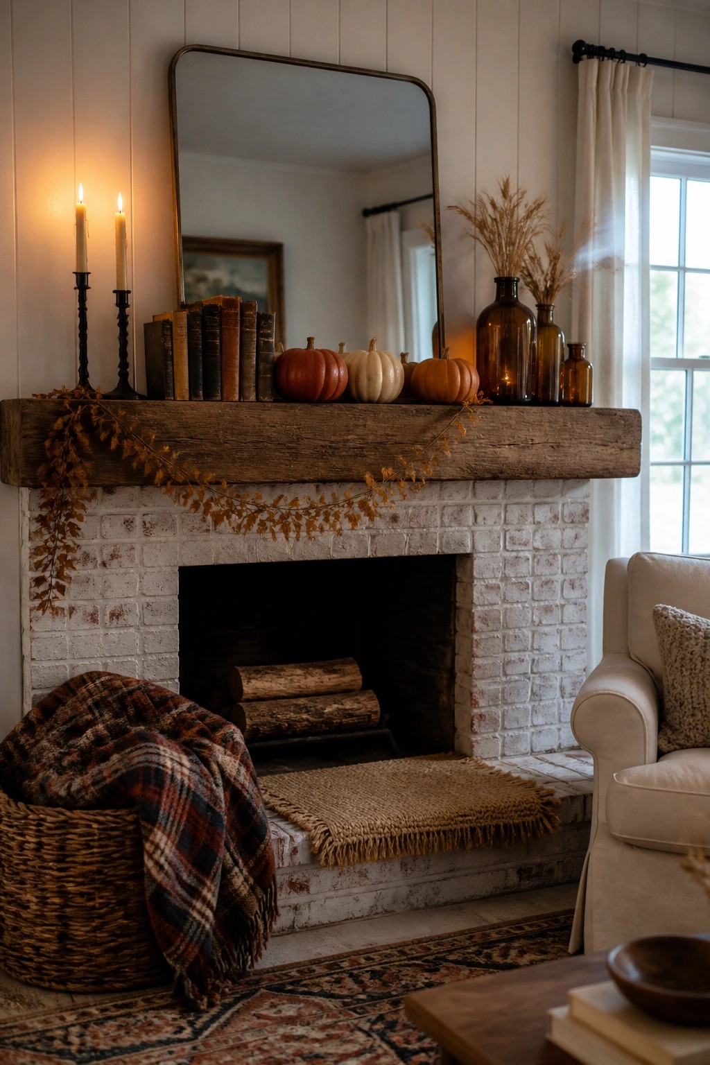 A white brick fireplace with a rustic wood mantel holding stacked books, small pumpkins, lit candles, and dried foliage, with a basket of plaid blankets on the floor nearby.