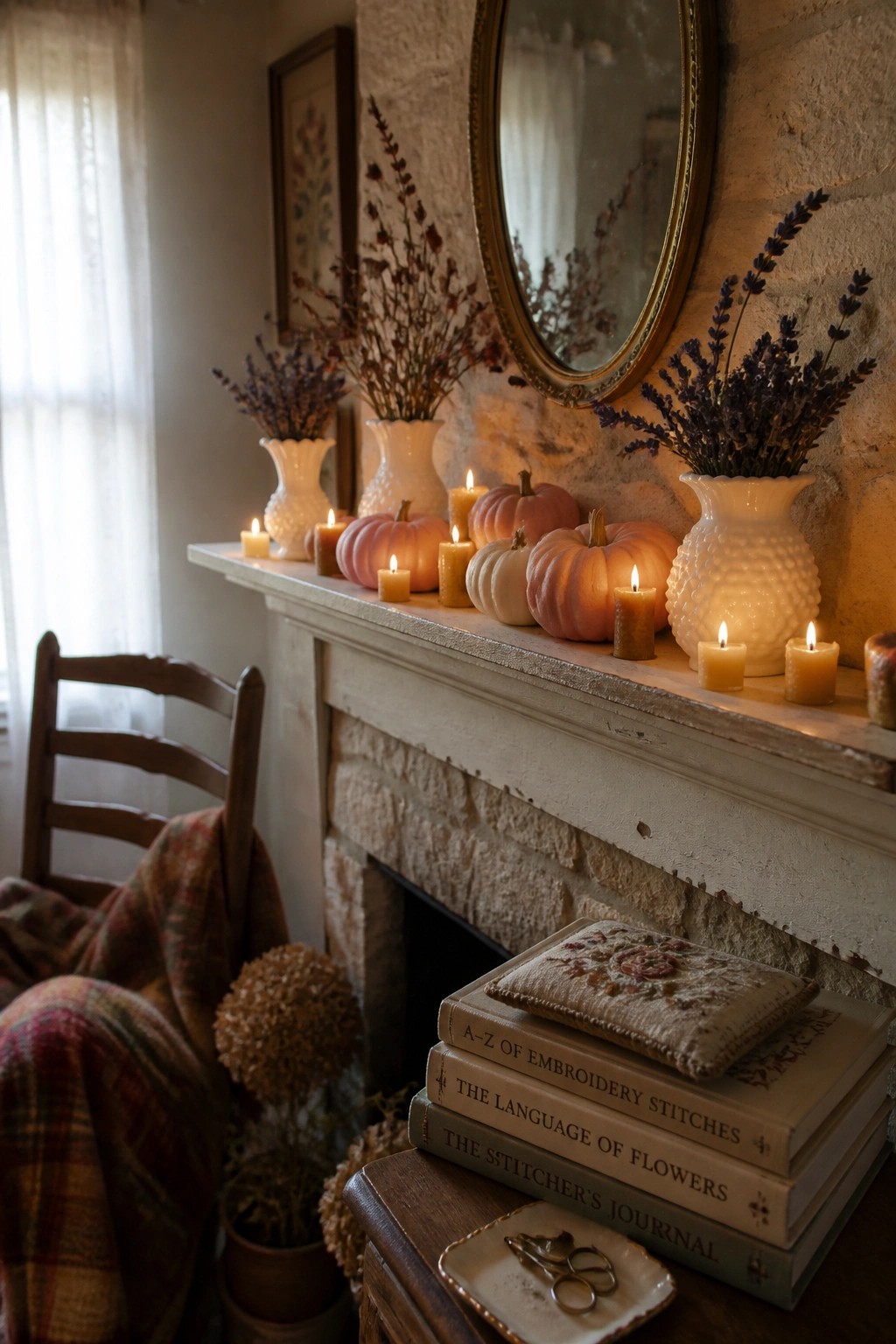 Cozy autumn mantel with pink pumpkins, lit candles, and lavender in white vases.