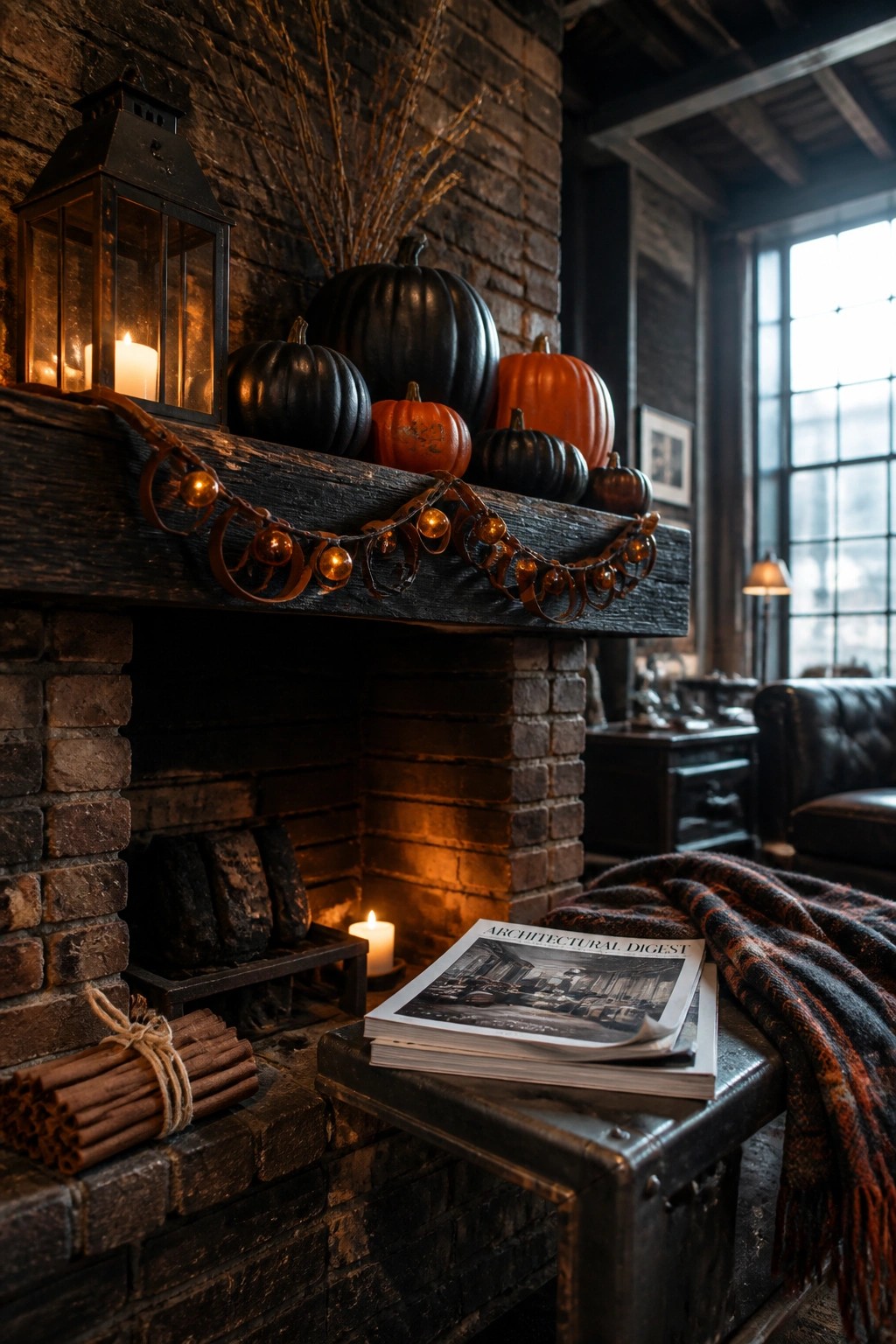 Autumnal brick fireplace with black and orange pumpkins, lantern, garland lights, and magazines.