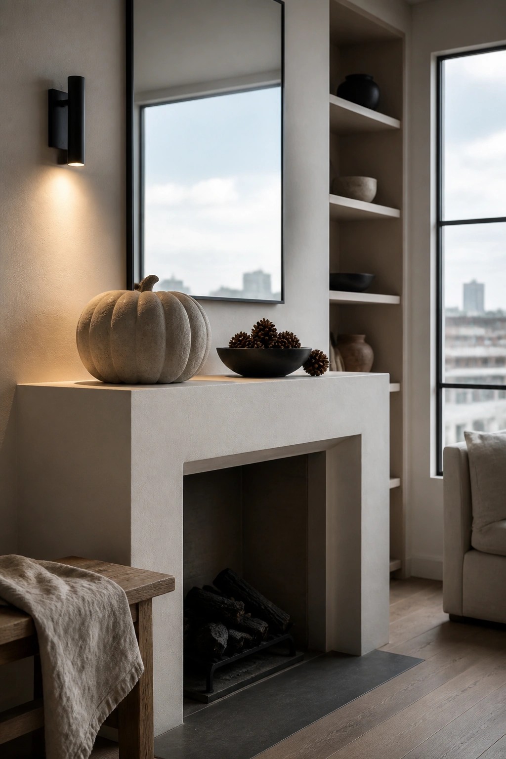 A concrete fireplace mantel holds a large stone pumpkin and a black bowl of pinecones beneath a tall mirror, with built-in shelves to the right and a window on the left.