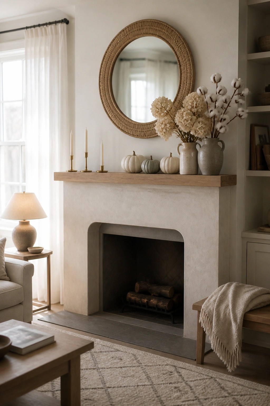 A light-colored living room features a stone fireplace with a wooden mantel holding small neutral pumpkins, two ceramic vases with dried flowers and cotton stems, and three brass candlesticks, with a round woven mirror above.