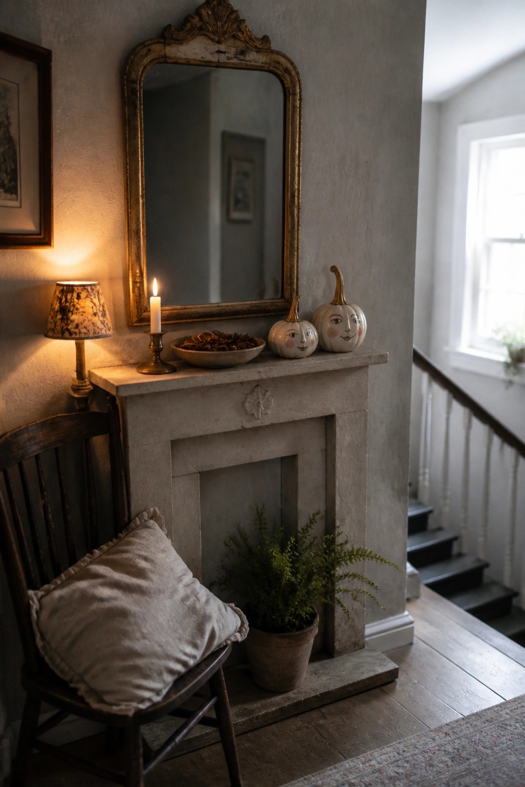 A stone fireplace mantel with two ceramic pumpkins that have painted faces, a lit candle in a brass holder, a bowl of dried material, and a large mirror above it.