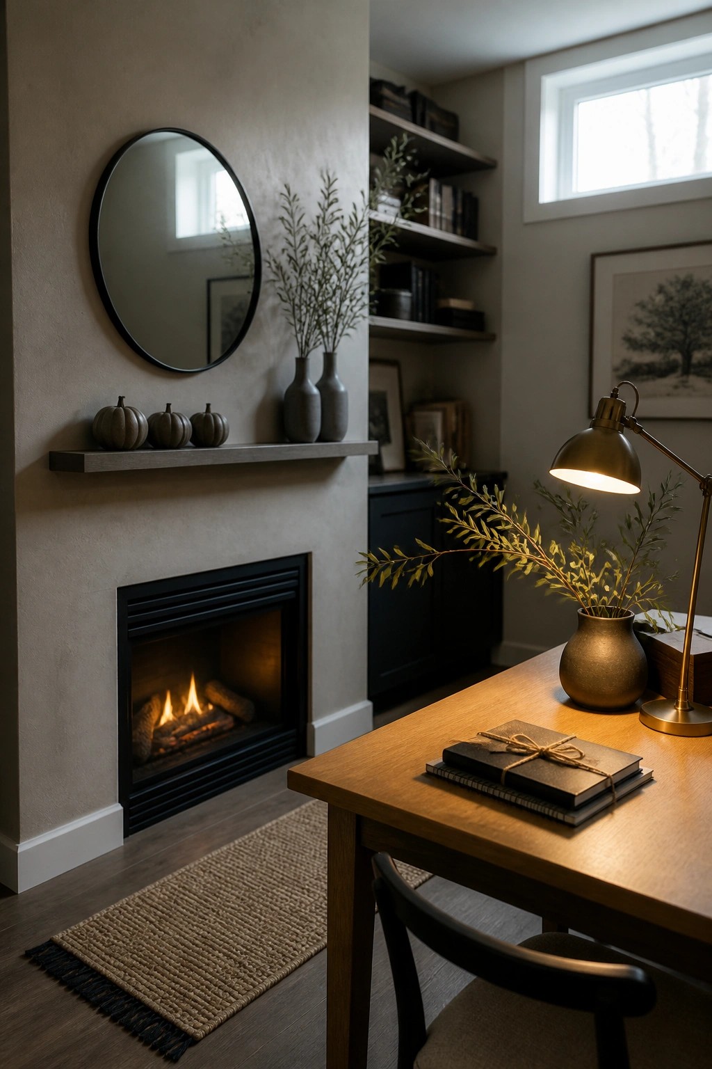 A fireplace mantel holds three small gray pumpkins beside two vases with branches and a round mirror above the opening.