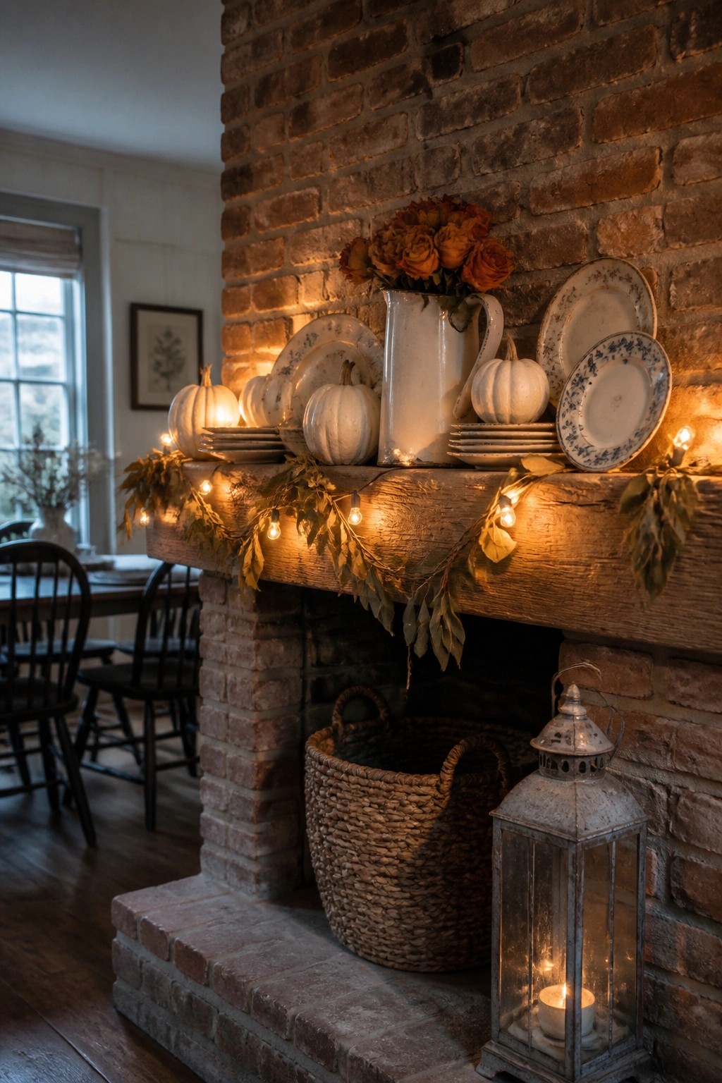 Rustic brick fireplace mantel with white pumpkins, roses, vintage plates, and string lights.