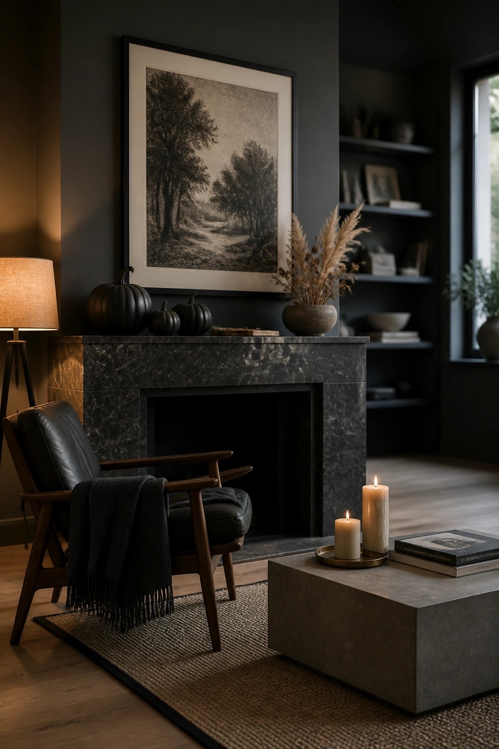 A dark marble fireplace mantel with several black pumpkins, a vase of dried grasses, and a large framed landscape print hanging above.