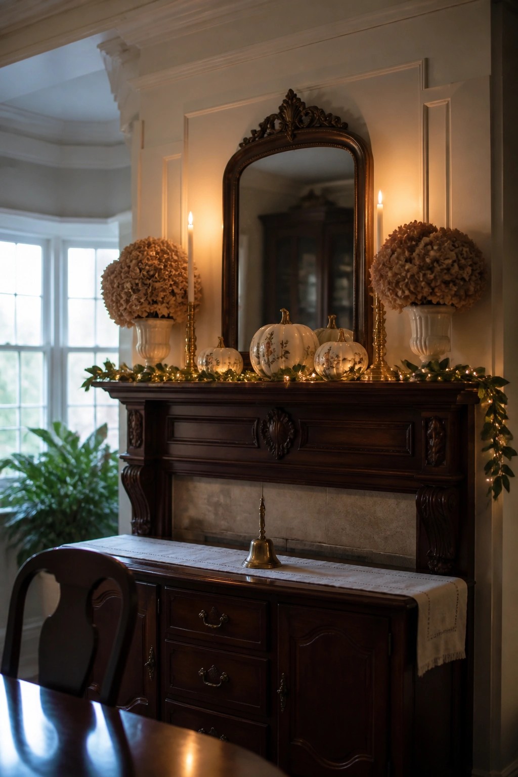 A dark wooden fireplace mantel decorated with white pumpkins, lit taper candles in brass holders, large dried hydrangea arrangements, and string lights along the top edge.