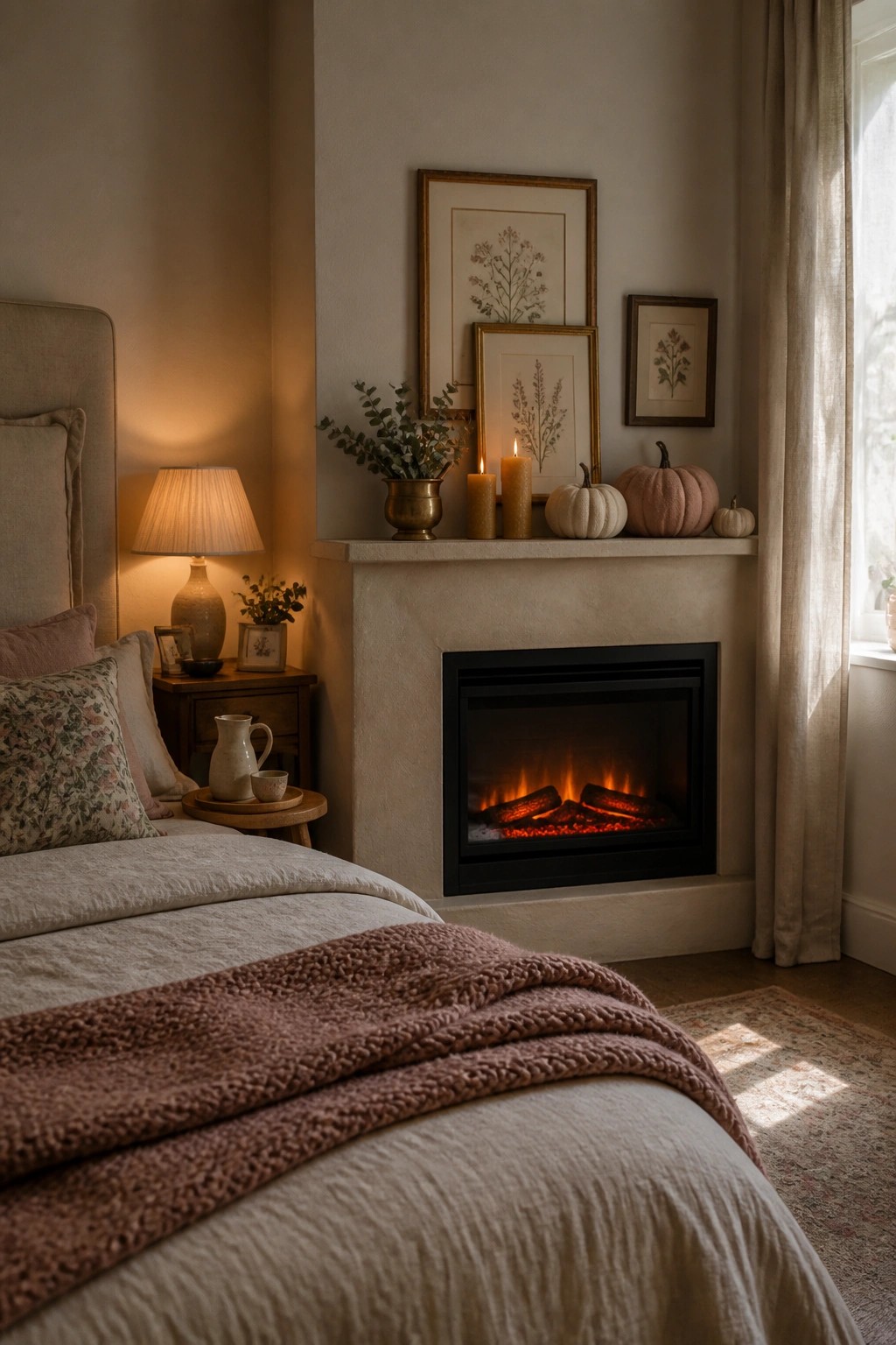 Cozy bedroom with lit fireplace, autumn pumpkins on mantel, and soft pink throw