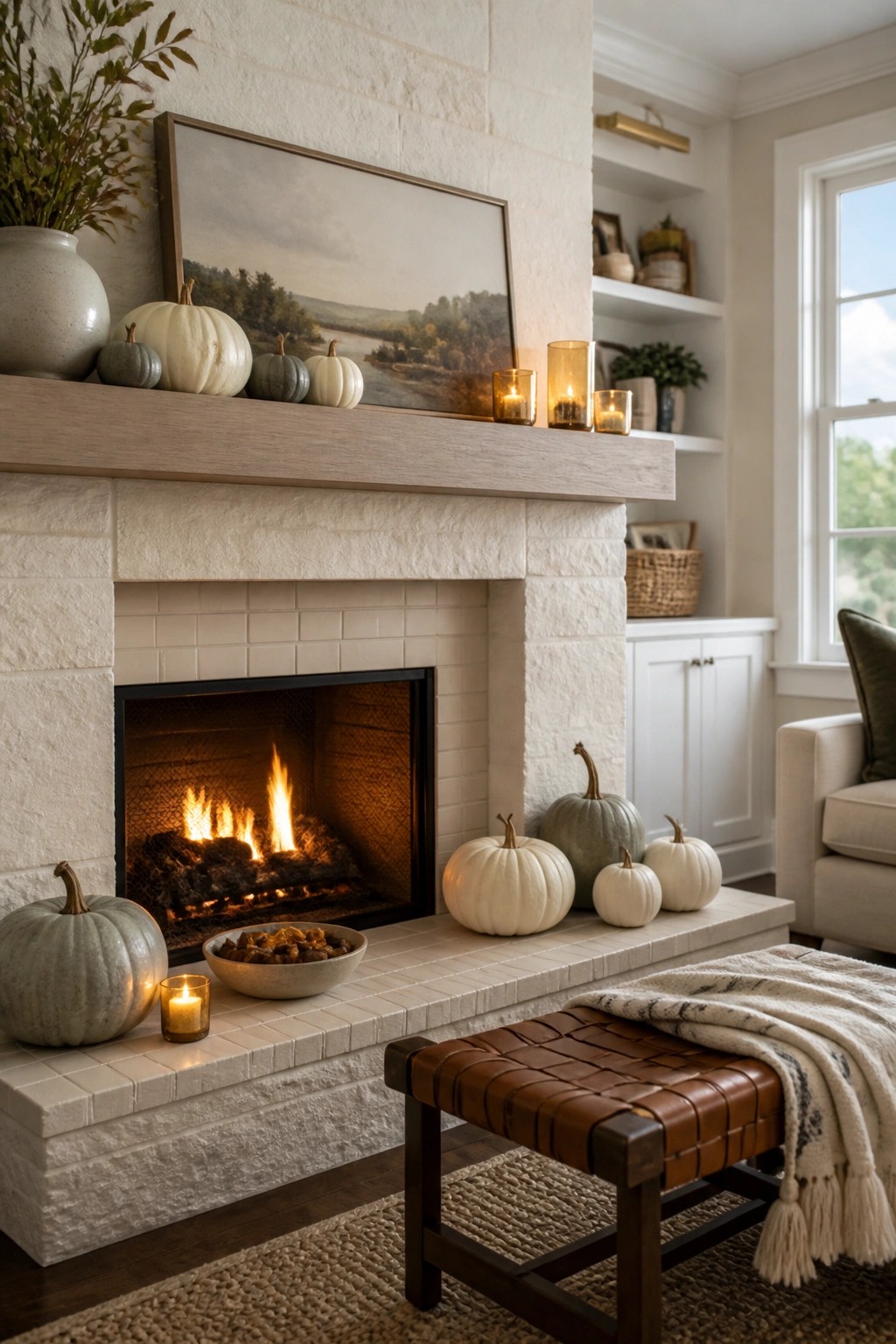 Cozy white brick fireplace with burning fire, pumpkins, candles, and leather ottoman.