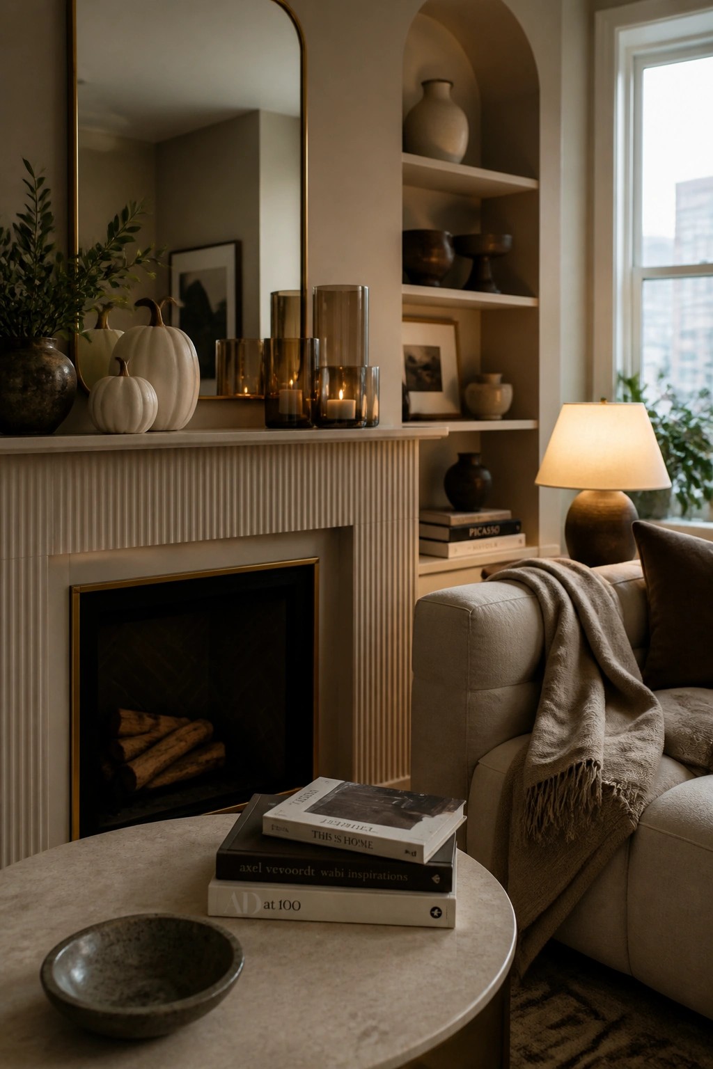 A living room mantel decorated with white pumpkins, lit candles in glass holders, and a plant beside a fireplace.