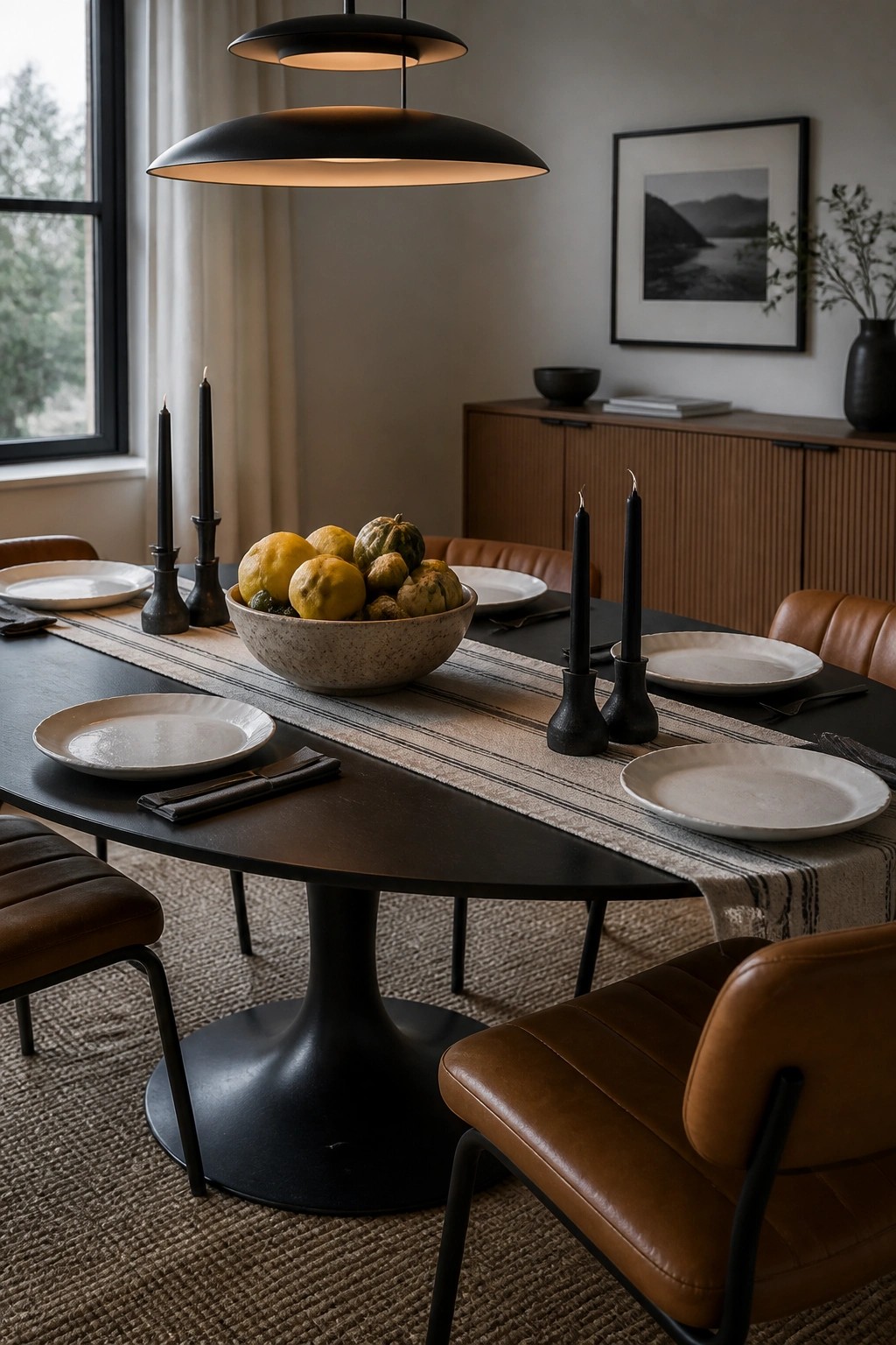A modern dining room with a dark oval table, brown leather chairs, a large speckled bowl of yellow squash and gourds, black taper candles, and white plates on a striped runner.