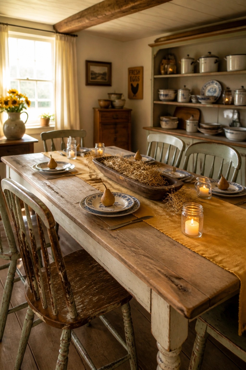 A rustic wooden dining table with a long wooden trough filled with dried grass running down the center, blue and white plates, pears, and lit candles in glass jars.