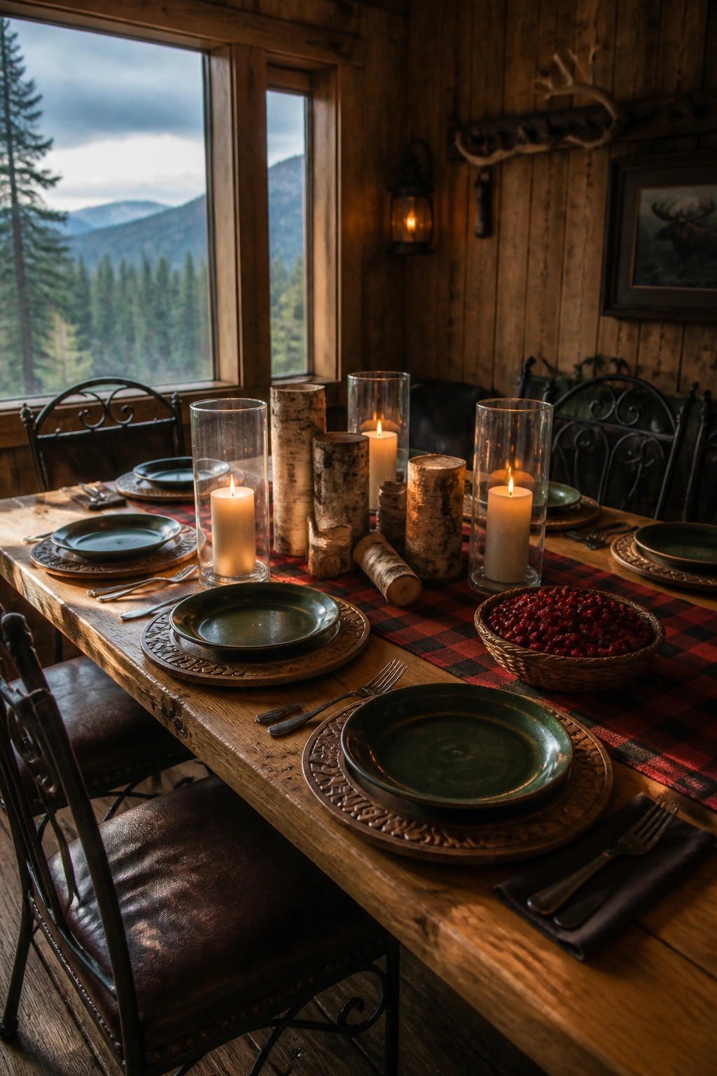 A wooden dining table set with green plates, a red and black plaid runner, candles in glass holders, and birch logs, viewed from beside a large window overlooking mountains.