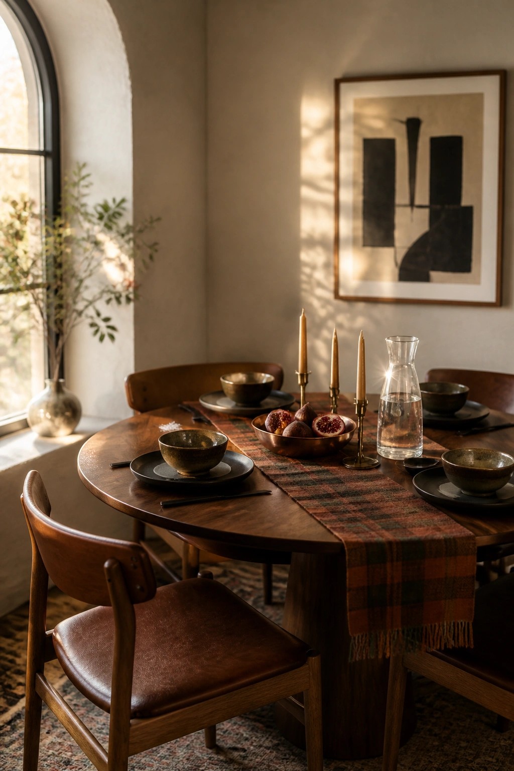 A round wooden dining table with a plaid runner, ceramic bowls, candles, and figs, surrounded by wooden chairs in a sunlit room with wall art.