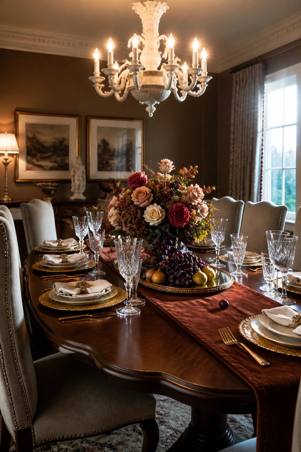A formal dining room featuring a long wooden table with a burgundy runner, crystal glassware, plates with gold trim, and a central arrangement of flowers and fruit.