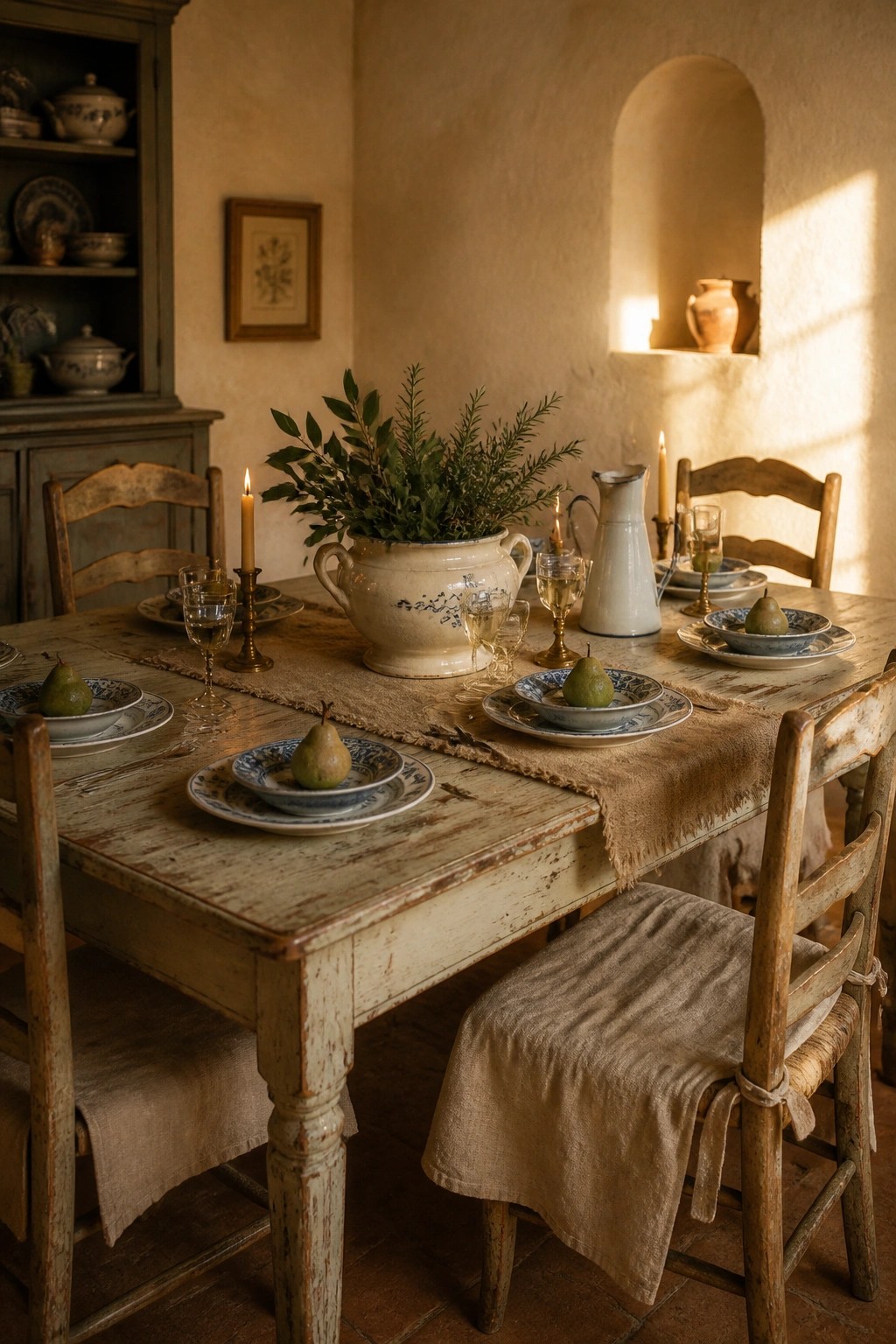 A rustic dining table set with blue and white plates, each holding a green pear, a burlap runner, lit candles, and a large ceramic pot of greenery in the center.